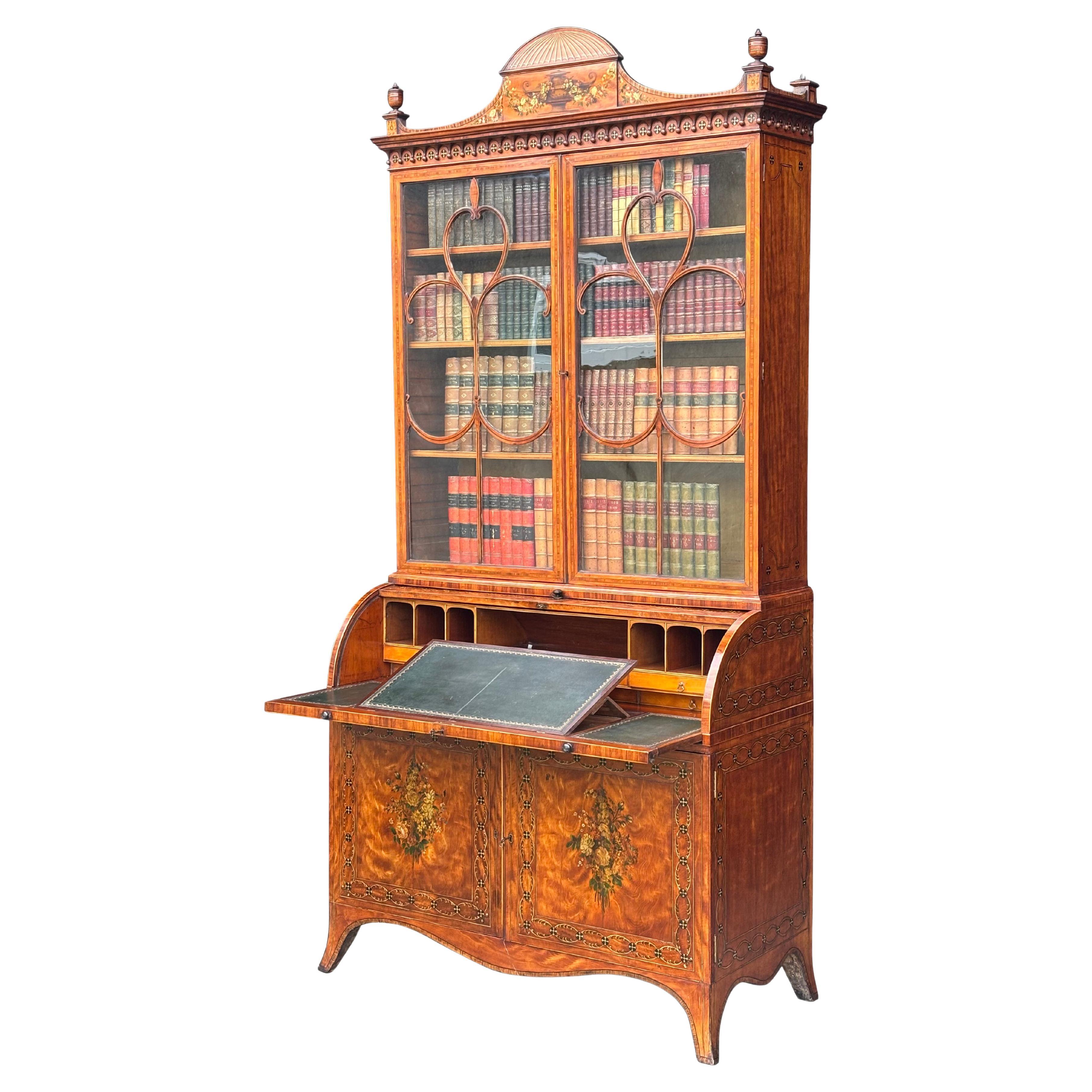 18th Century George III Sheraton Satinwood & Marquetry Bureau Bookcase
