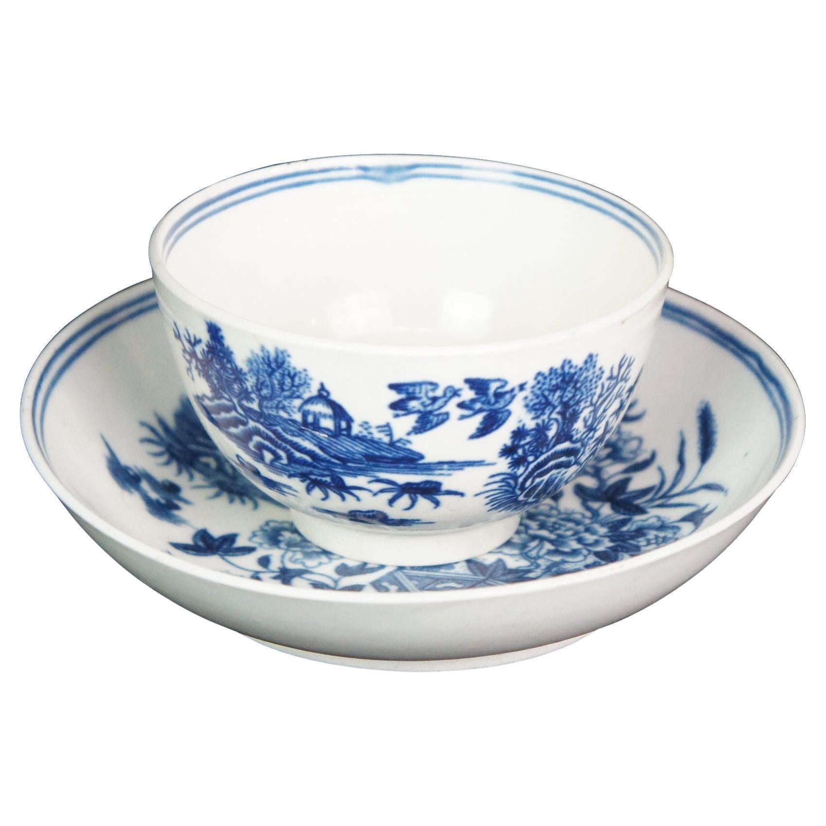 18th Century George III Worcester 1st Period Blue White Demitasse Teacup Saucer  For Sale