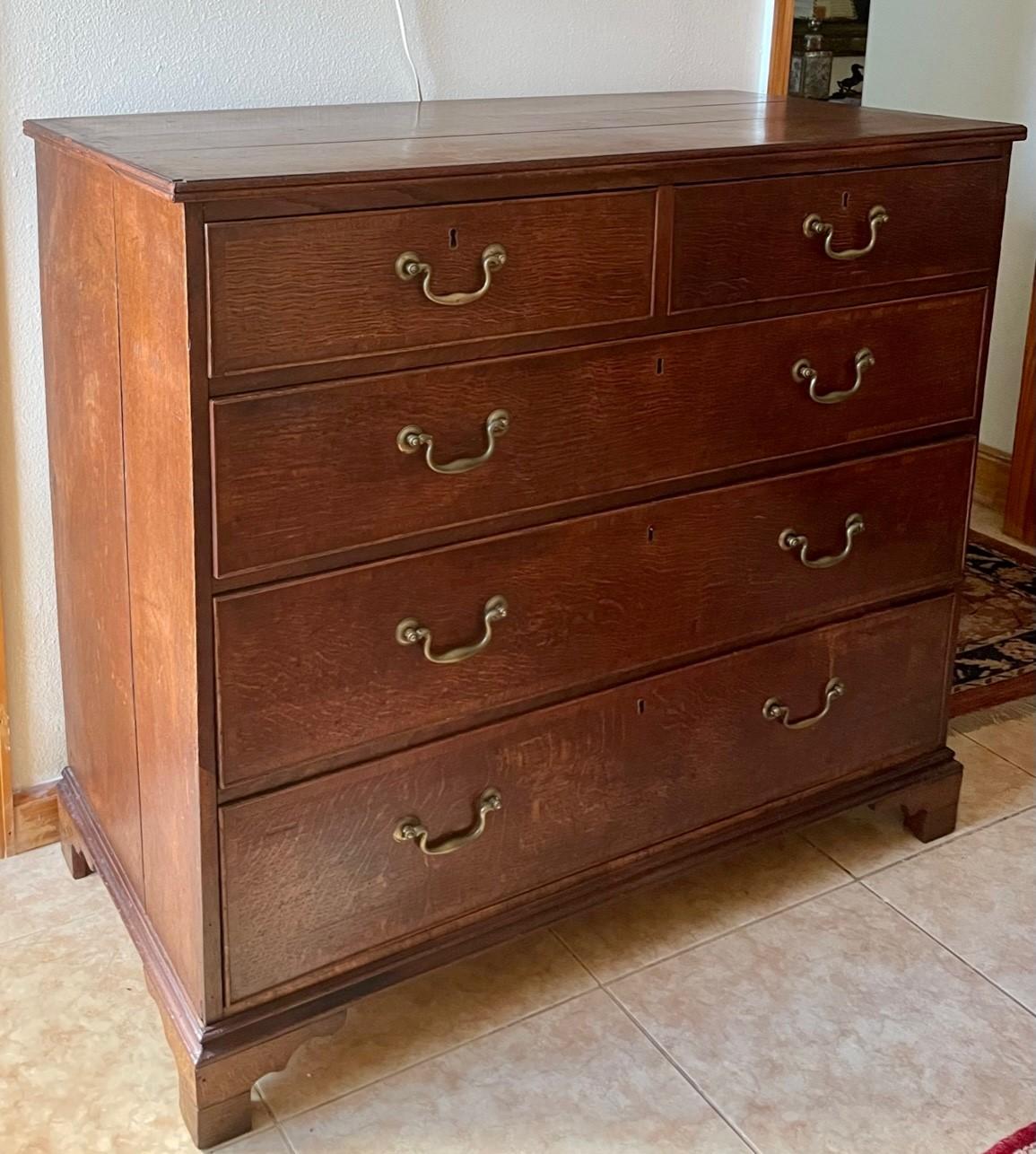 English 18th Century George Lll Oak Chest of Drawers with Original Hardware