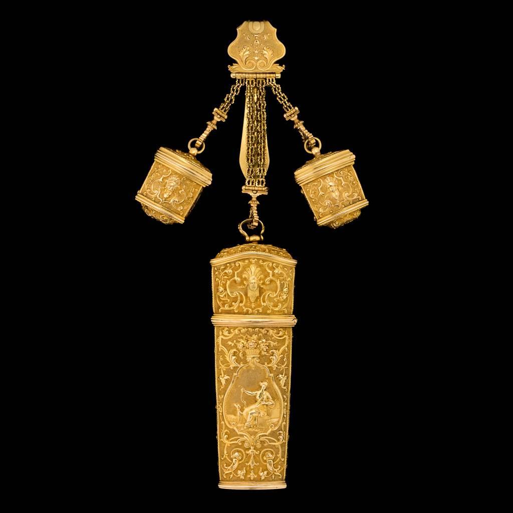 Antique mid-18th century rare Georgian 18-karat gold, chatelaine and etui with foliage scrolls and figures, with a clip back, suspending two thimble cases and an etui, finely cast and chased with figures on a matted ground and within scrolling
