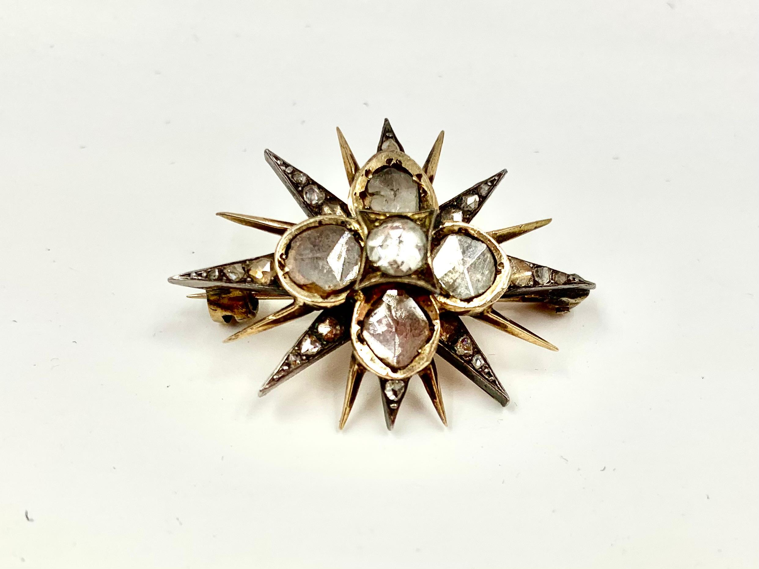 Women's or Men's 18th Century Georgian 3 TCW Diamond 18K Gold Star Brooch, S.J. Phillips, London For Sale