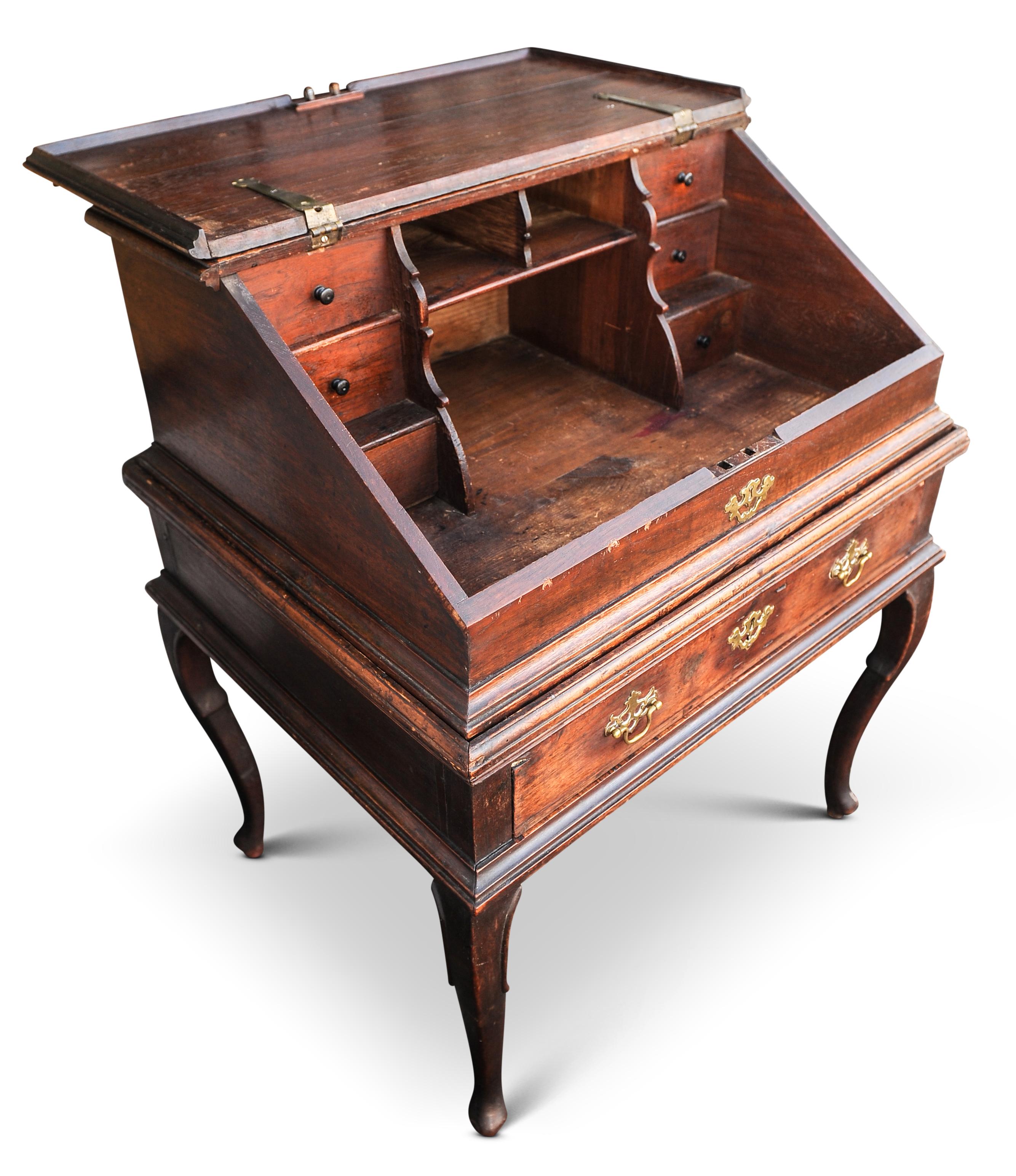 Hand-Carved 18th Century Georgian Bureau Desk on Stand. Fold Front Top With Fitted Interior. For Sale
