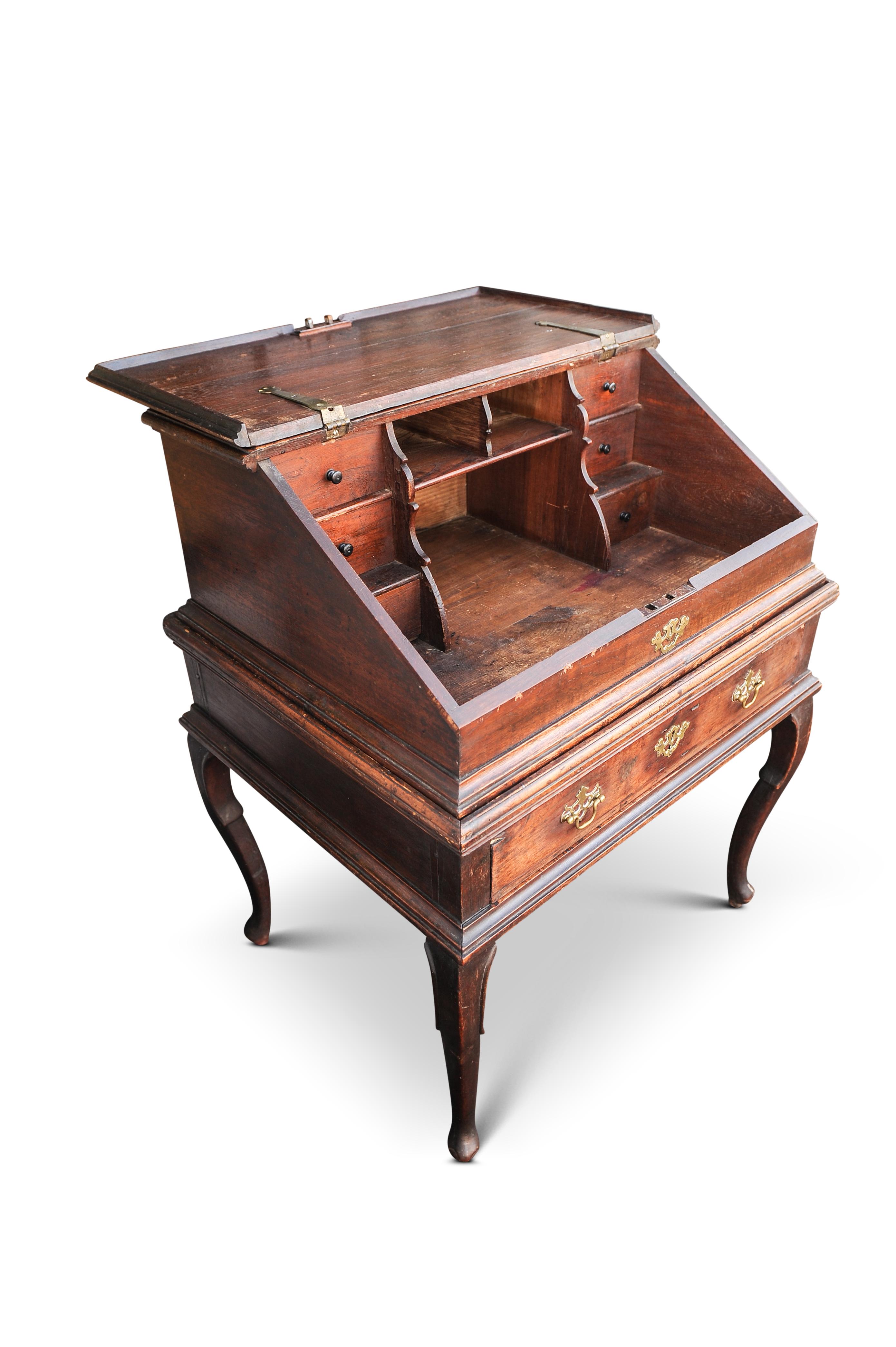18th Century Georgian Bureau Desk on Stand. Fold Front Top With Fitted Interior. For Sale 1