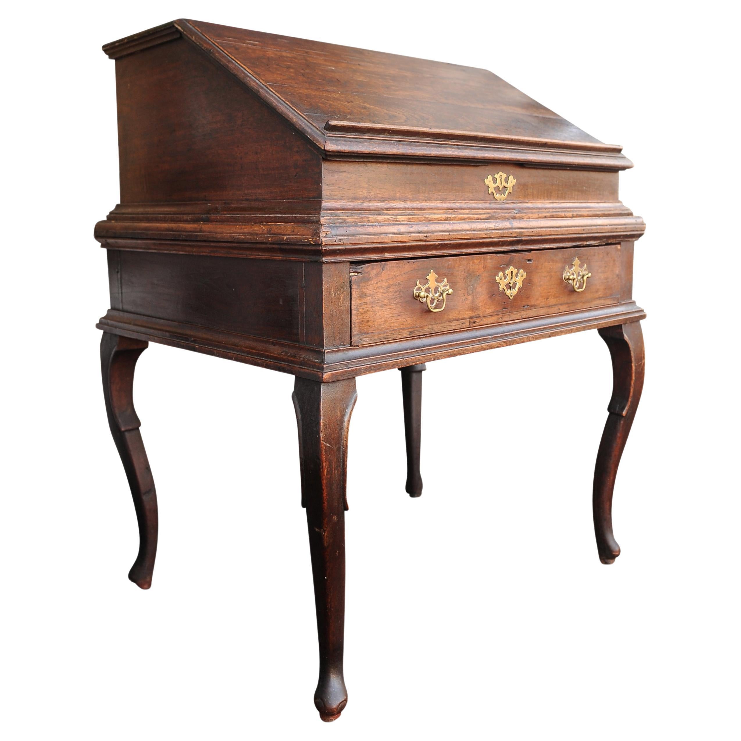 British 18th Century Georgian Bureau Desk on Stand. Fold Front Top With Fitted Interior. For Sale