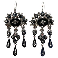 Antique 18th Century Georgian Era French Cut Steel Onyx Silver Drop Earrings