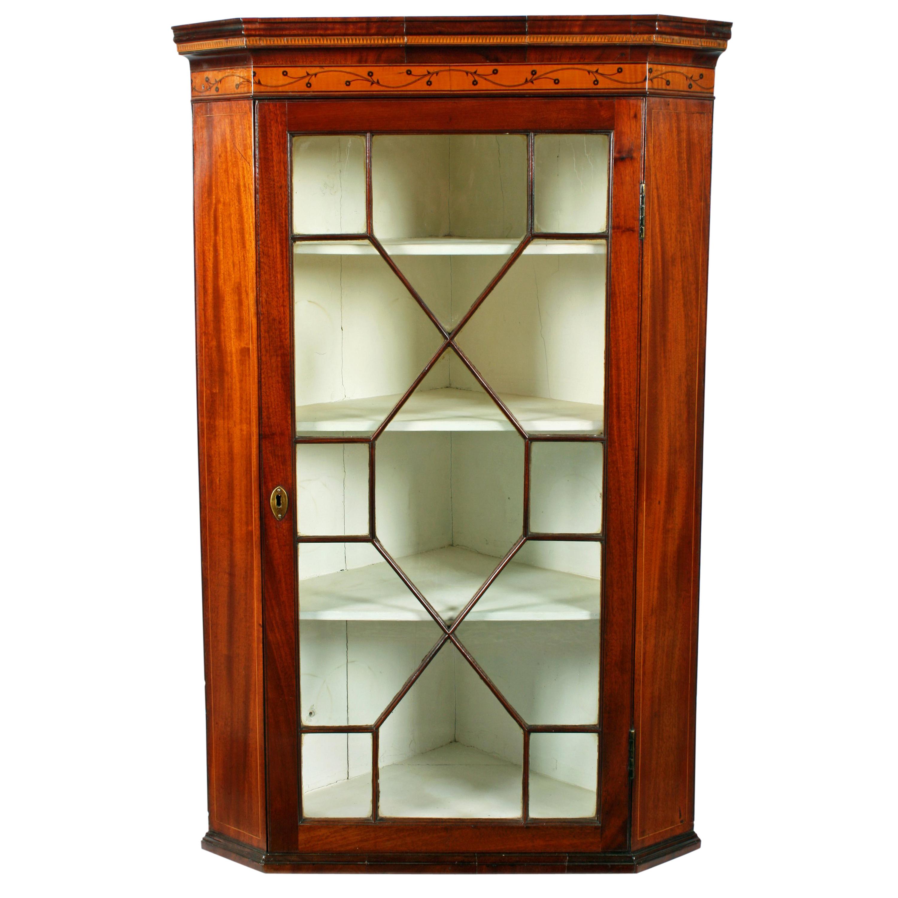 18th Century Georgian Inlaid Mahogany Glazed Wall Hanging Corner Cabinet For Sale