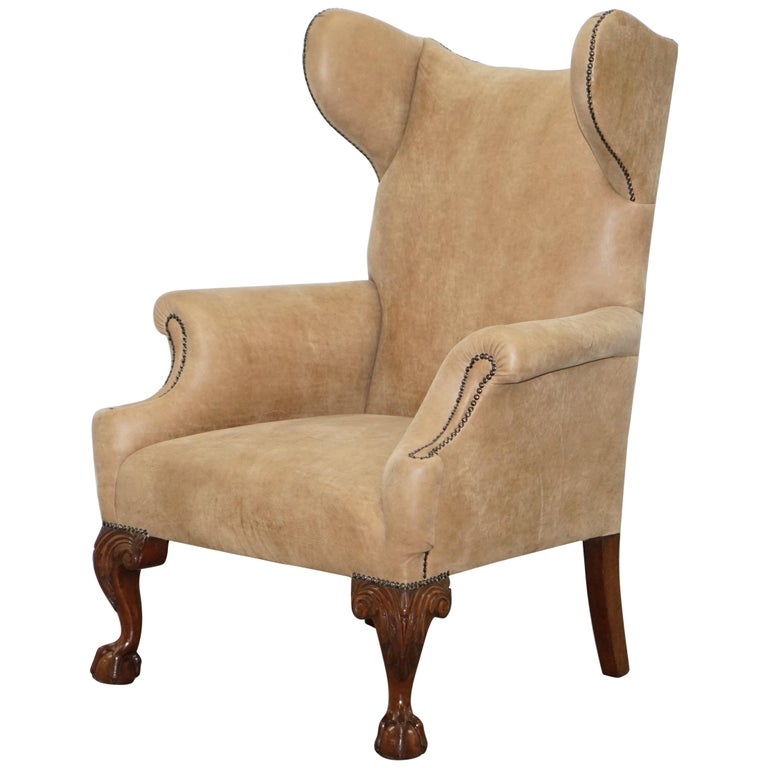 18th Century Irish Style Wingback Armchair Nubuck Leather Claw and Ball at 1stDibs