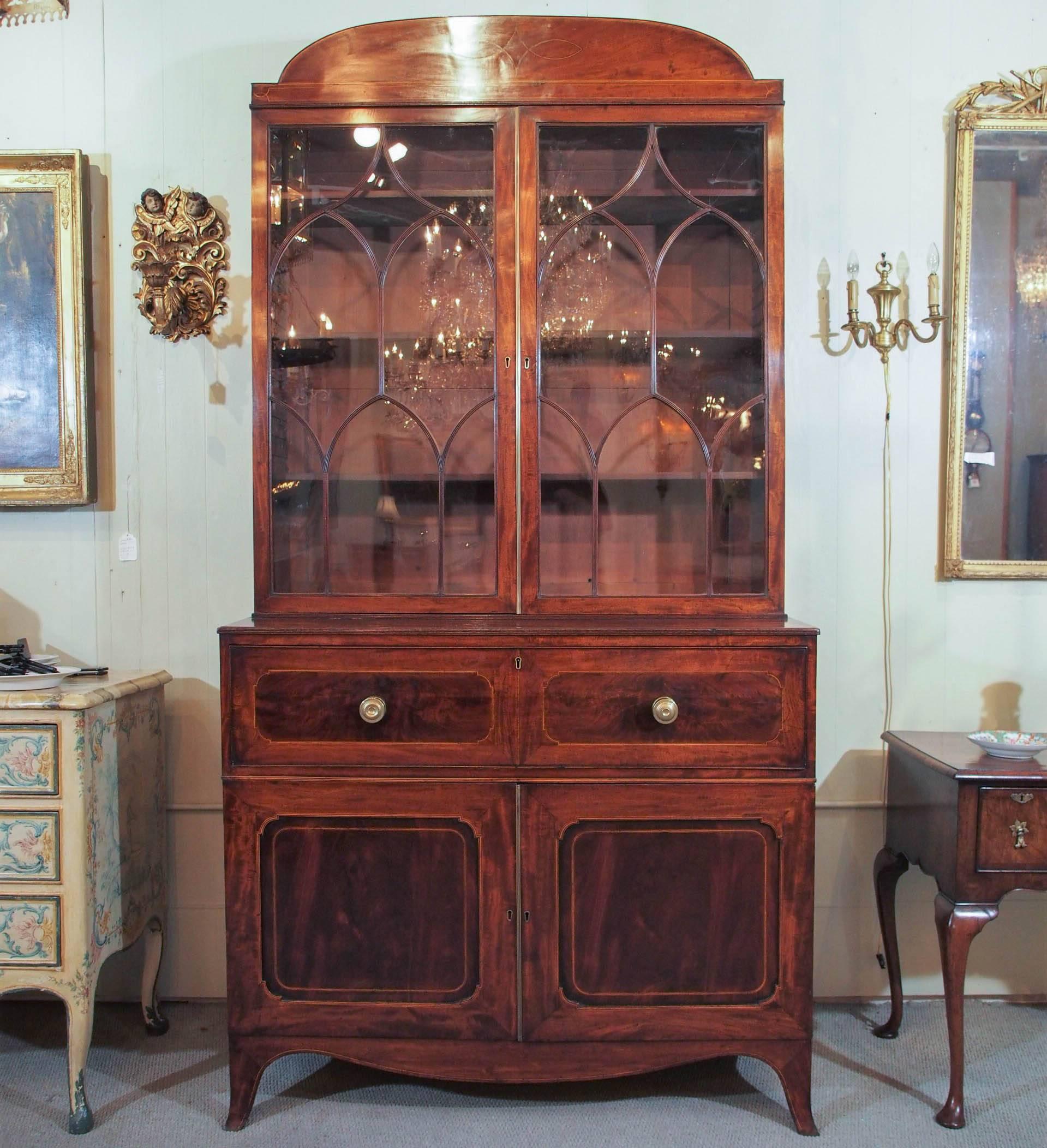 18th century English George III mahogany and satinwood secretaire-bookcase.
