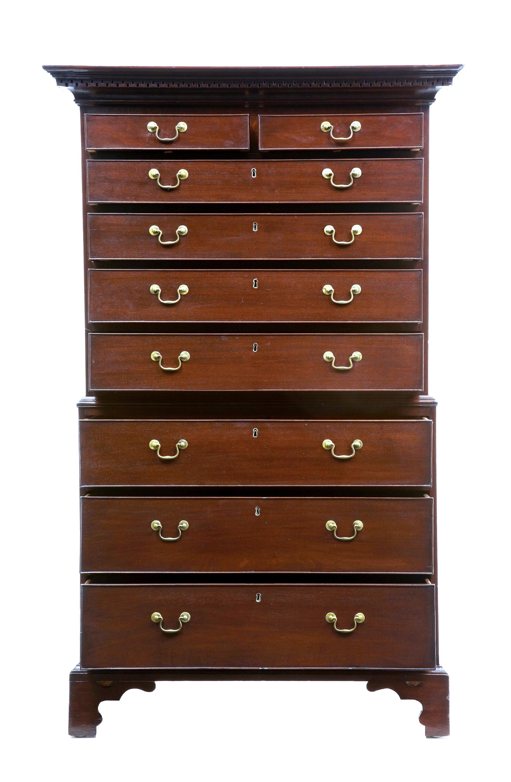 18th century Georgian mahogany chest on chest circa 1790.

Comprising of 2 sections. Elegant cornice with dentil Greek key decoration. 2 over 4 drawers to the top section with secret locks to the top drawers. 3 graduating drawers to the base. Each