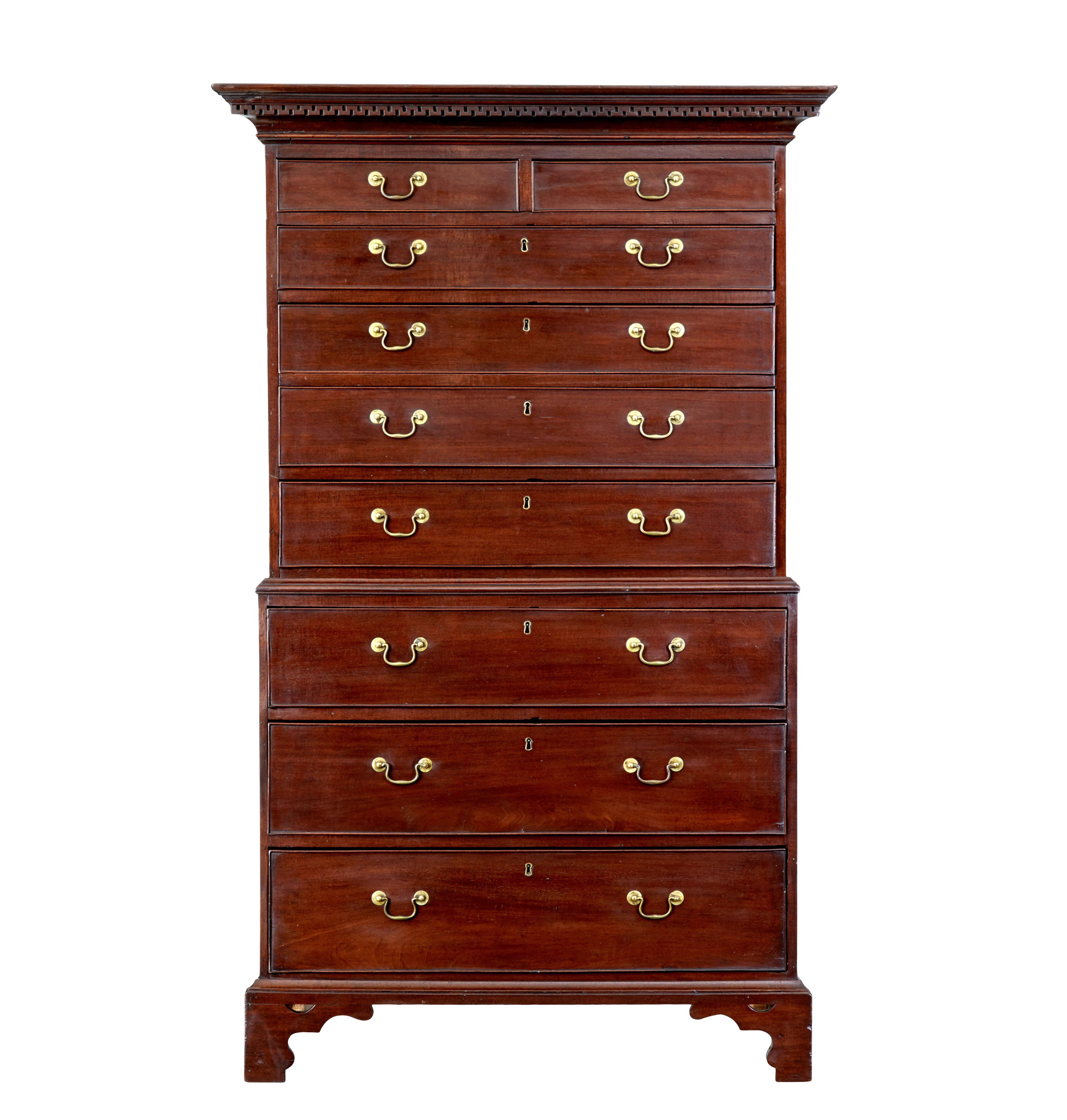 18th century Georgian mahogany chest on chest circa 1790.

Beautiful chest on chest of good proportions, comprising of a top and bottom section.

Elegant cornice with dentil greek key decoration going round the top.  Top section comprises of 2 over