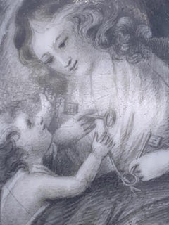 18th Century Georgian Mother Child Grisaille Miniature Drawing Gold Pendant