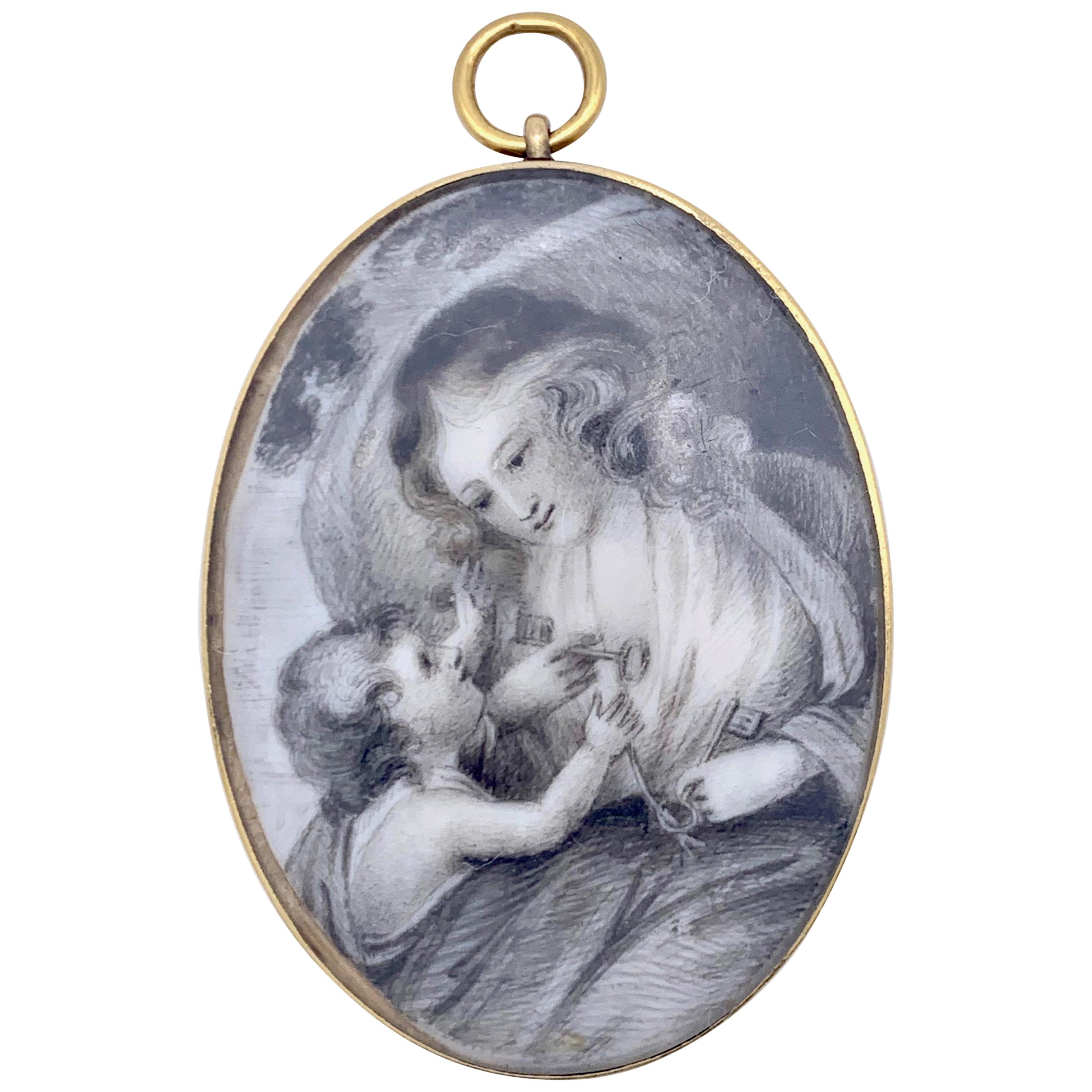 18. Jahrhundert Georgian Mutter Kind Grisaille Miniatur Zeichnung Gold Anhänger im Angebot