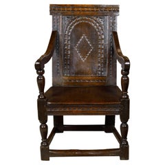 18th Century Georgian Period English Oak Armchair with Carved Geometric Décor Antique 18th Century Georgian Period English Oak Armchair with Carved Geometric Décor