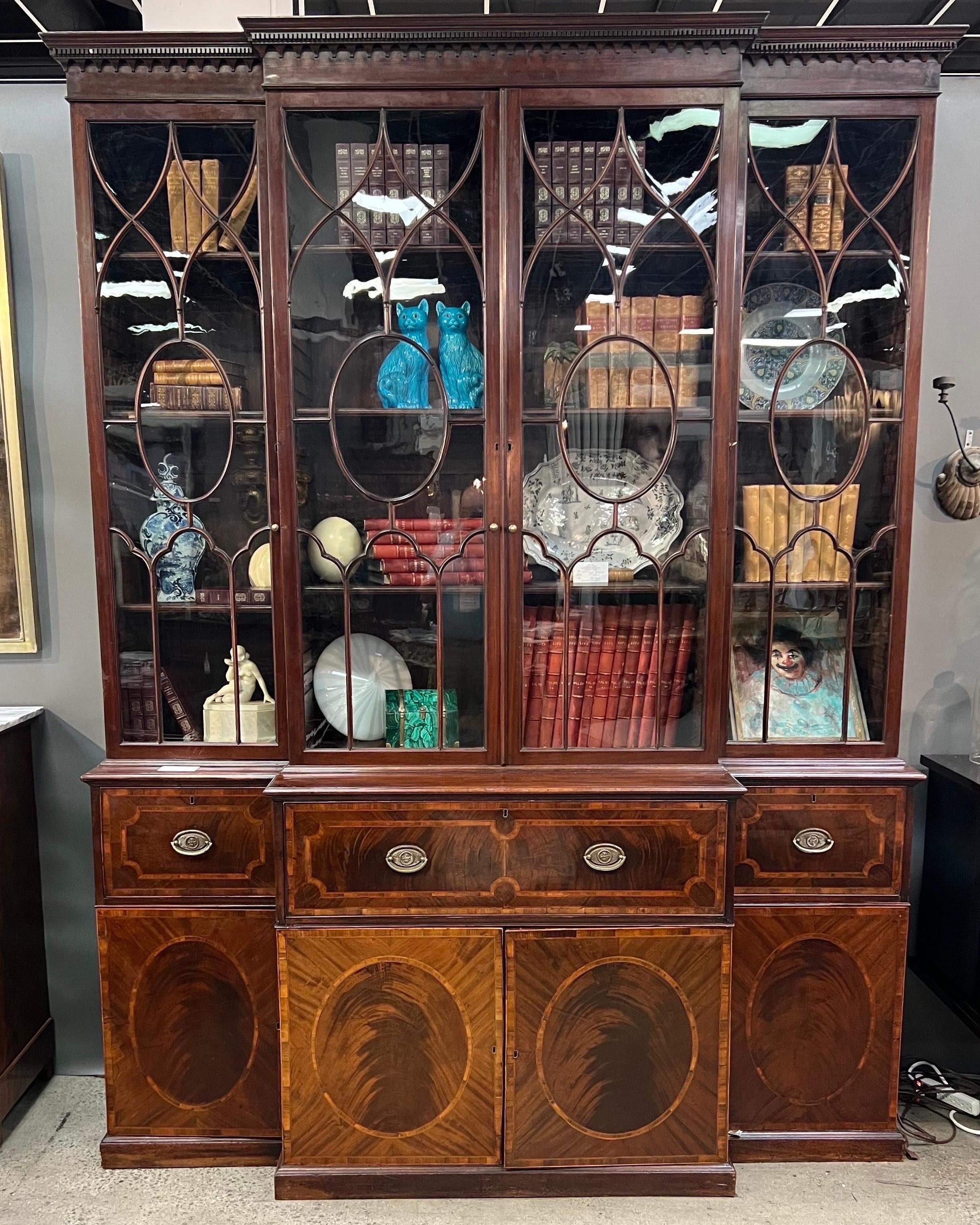 George III 18th Century Georgian Period Mahogany Breakfront Bookcase with Secretary Desk