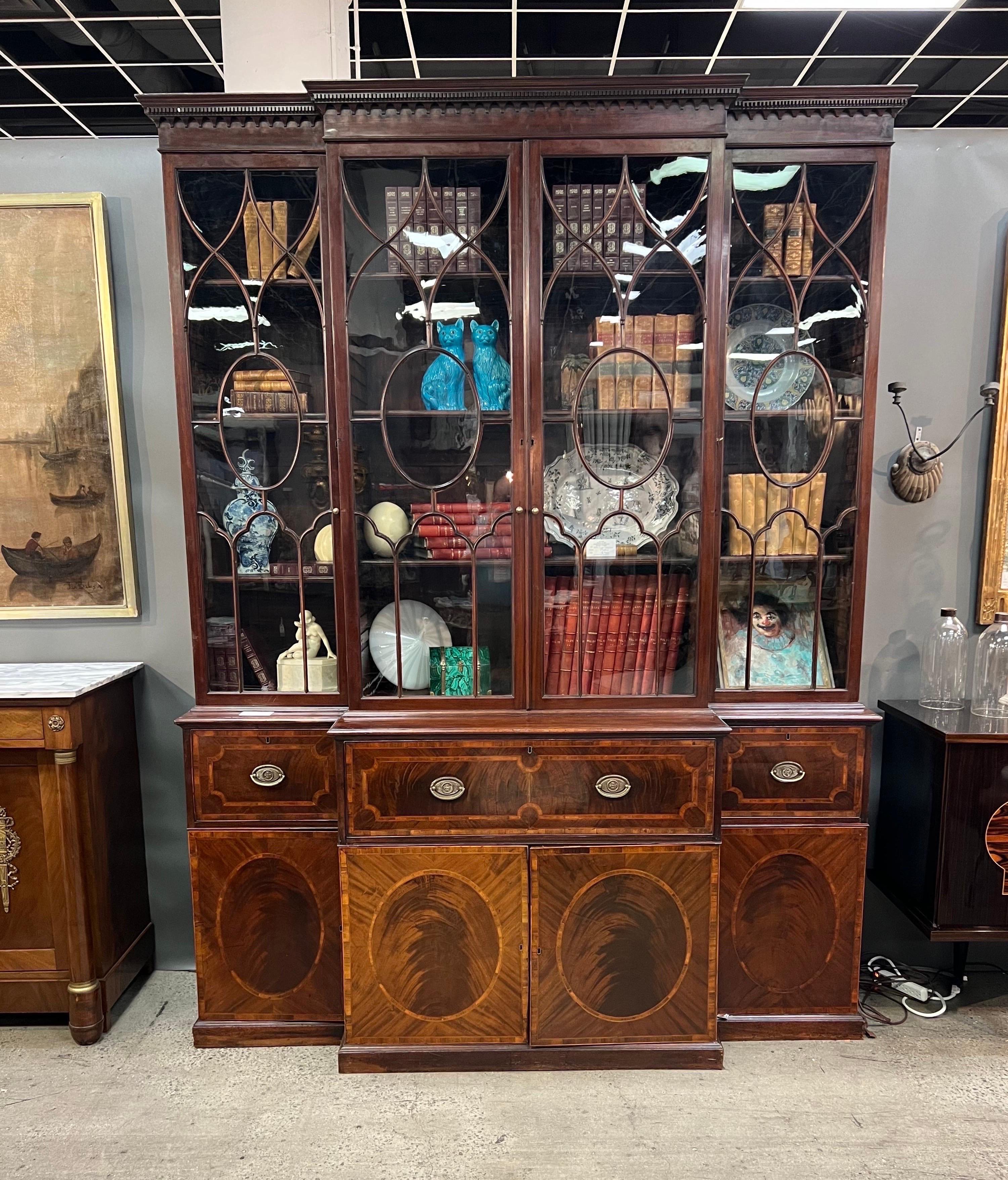English 18th Century Georgian Period Mahogany Breakfront Bookcase with Secretary Desk