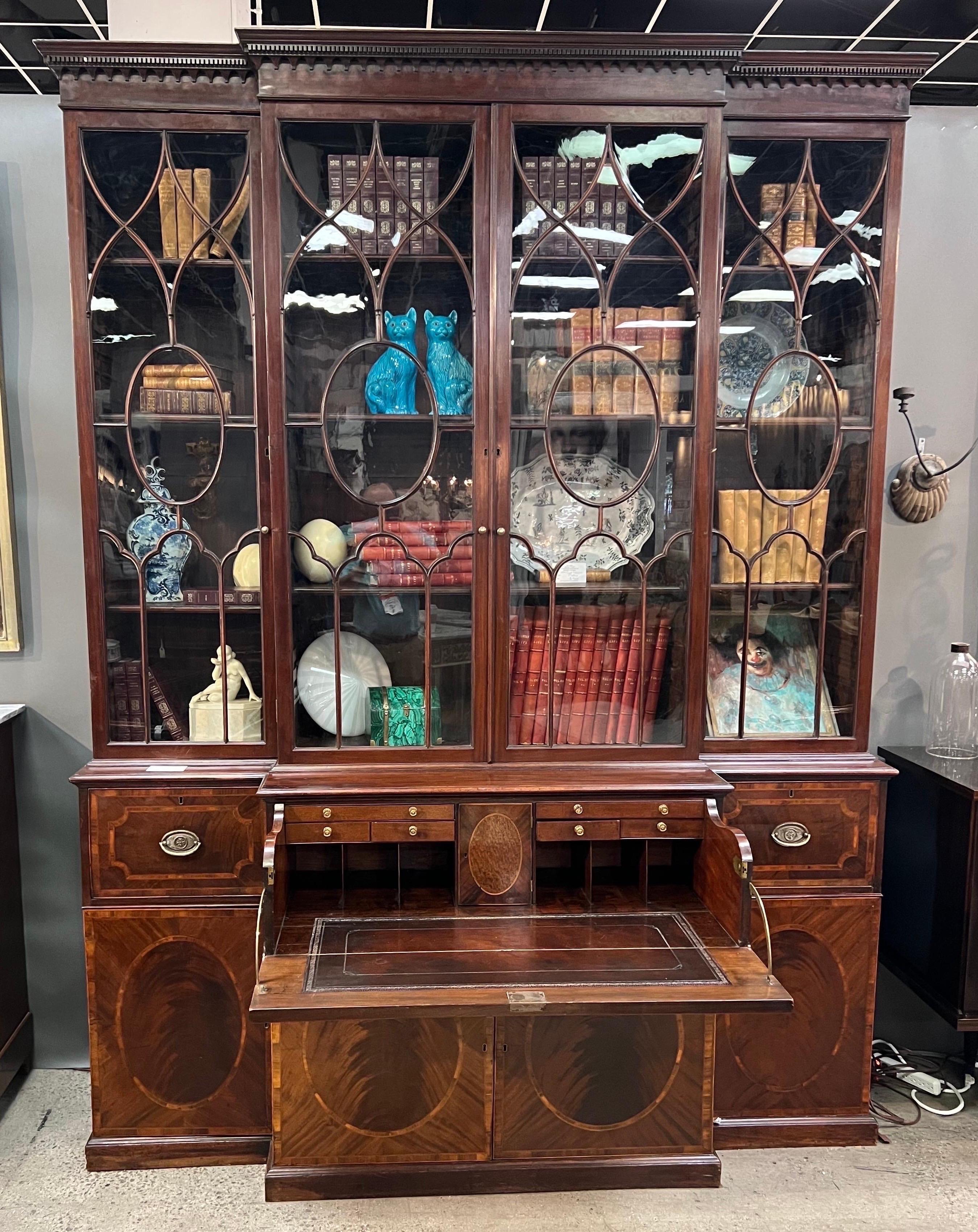 18th Century Georgian Period Mahogany Breakfront Bookcase with Secretary Desk In Good Condition In Richmond, VA