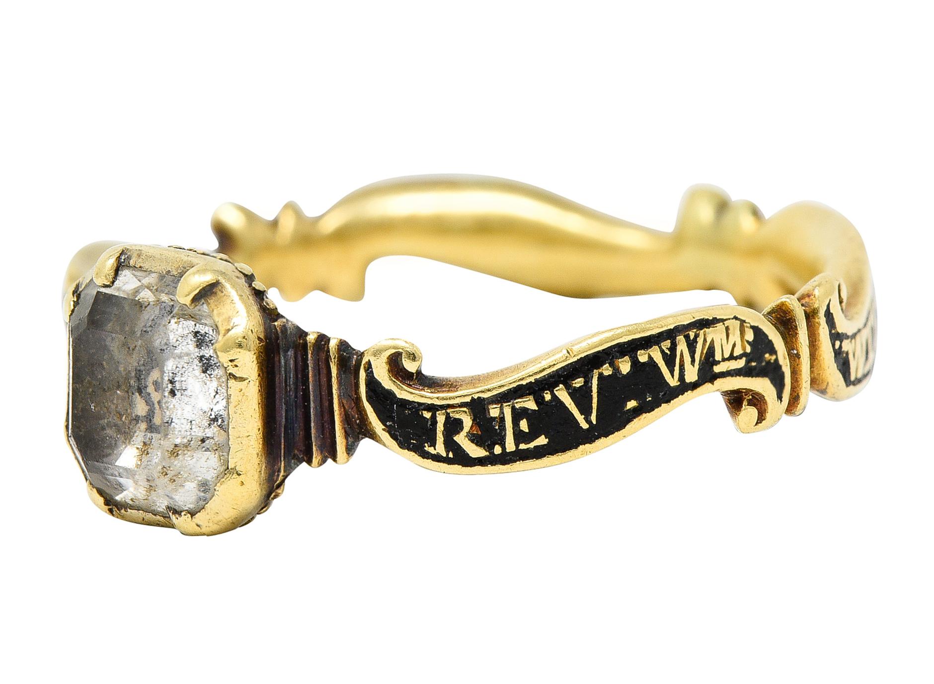 Cushion Cut 18th Century Georgian Quartz Enamel 18 Karat Yellow Gold Memento Mori Skull Ring