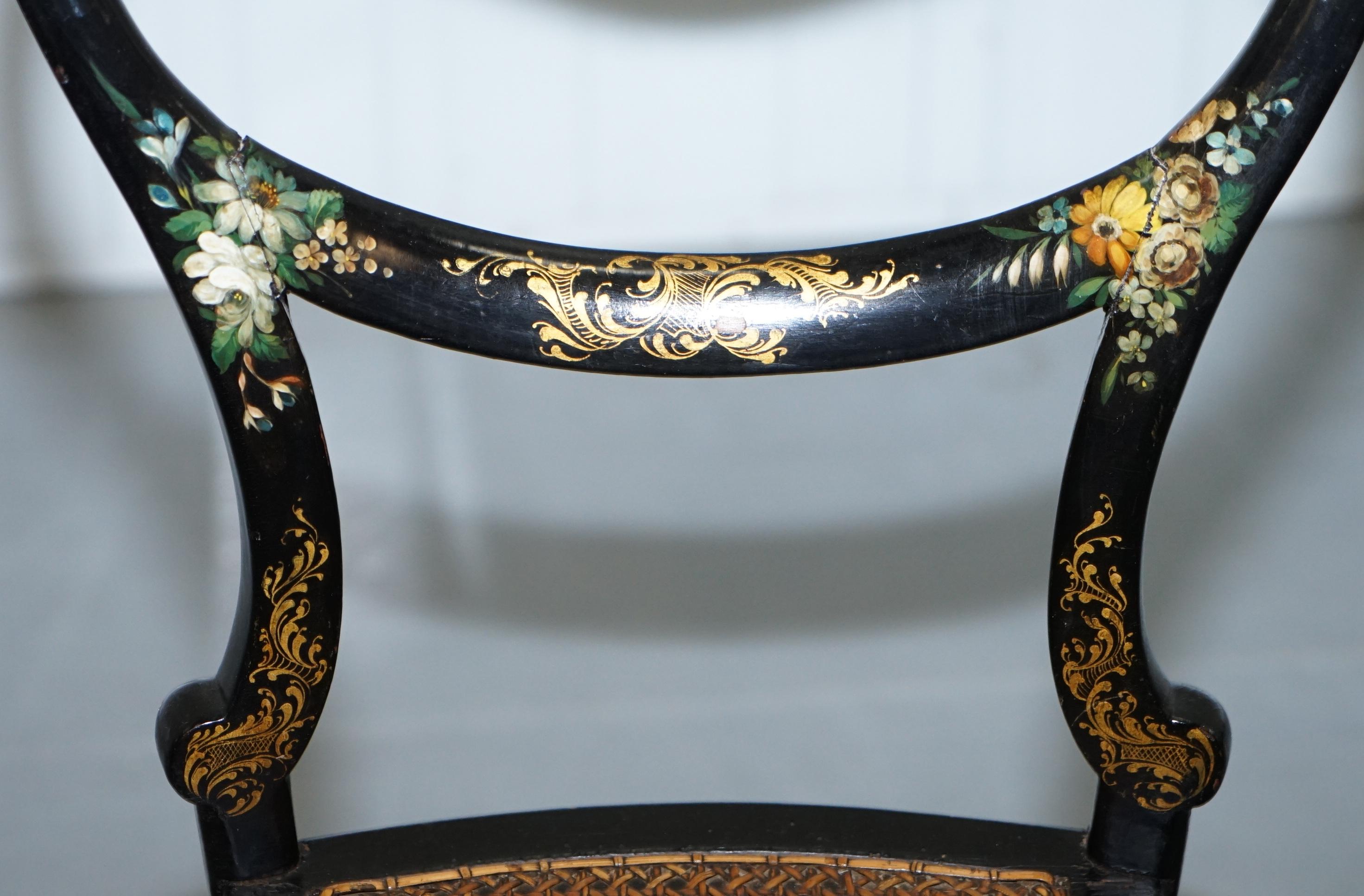 Hand-Crafted 18th Century Georgian Rare Floral Hand Painted Chinoiserie Ebonised Chair
