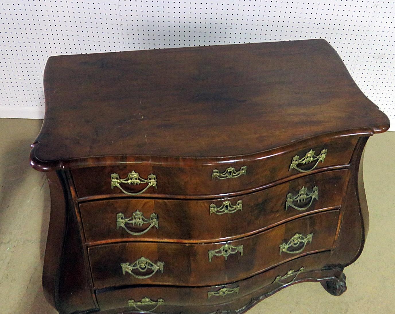 Georgian 18th Century Dutch Bombe Walnut Commode Dresser Chest of Drawers