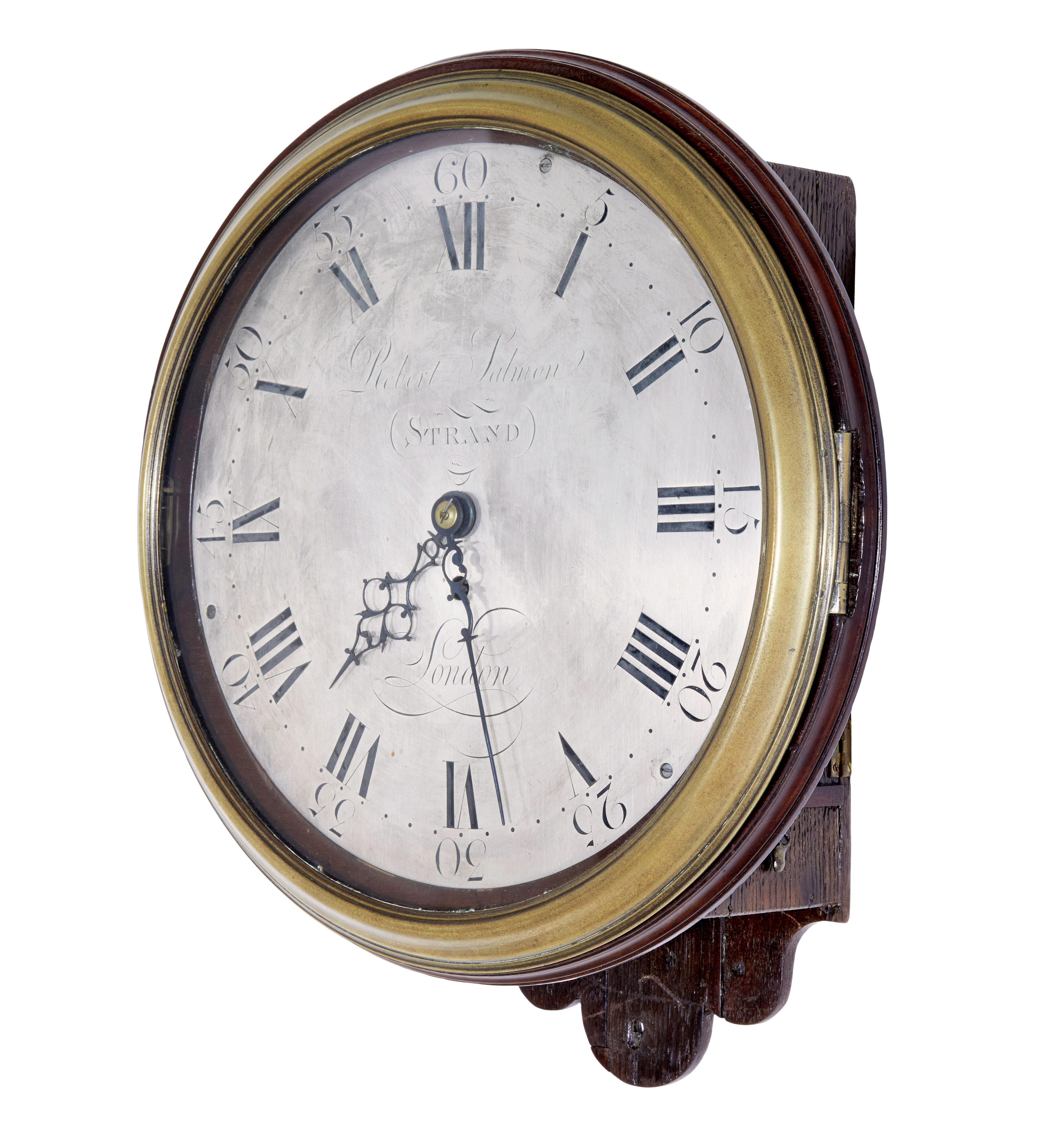 18th century georgian wall clock by robert salmon circa 1790.

Rare georgian wall clock by robert salmon, who is recorded working a number 49, strand, london from 1790-1794.

12