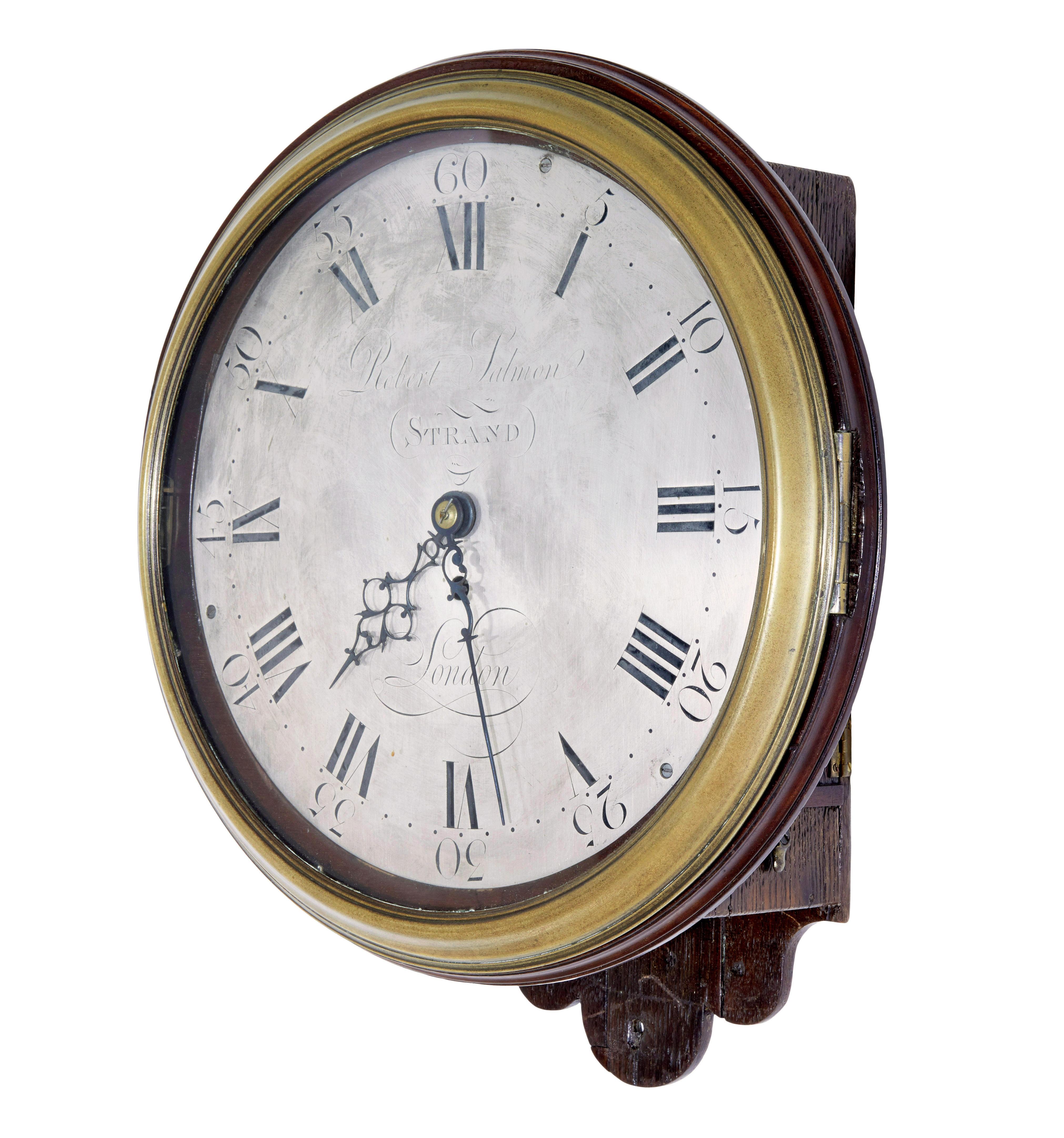 18th century Georgian wall clock by Robert Salmon circa 1790.

Rare Georgian wall clock by Robert Salmon, who is recorded working a number 49, strand, london from 1790-1794.

12