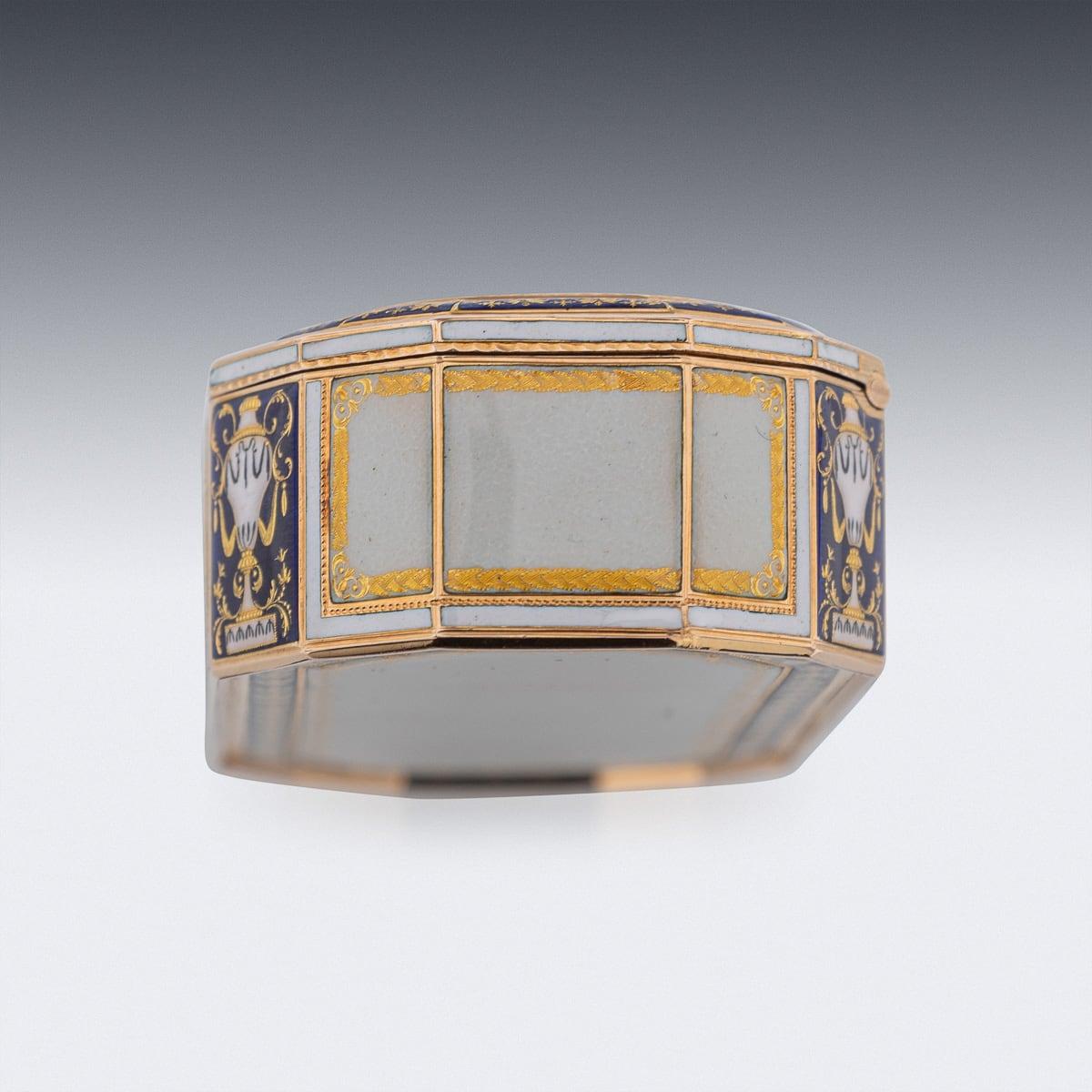 XVIIIe siècle et antérieur Tabatière allemande du XVIIIe siècle en or 18 carats et émail, Frères Jordan, Hanau c.1790 en vente