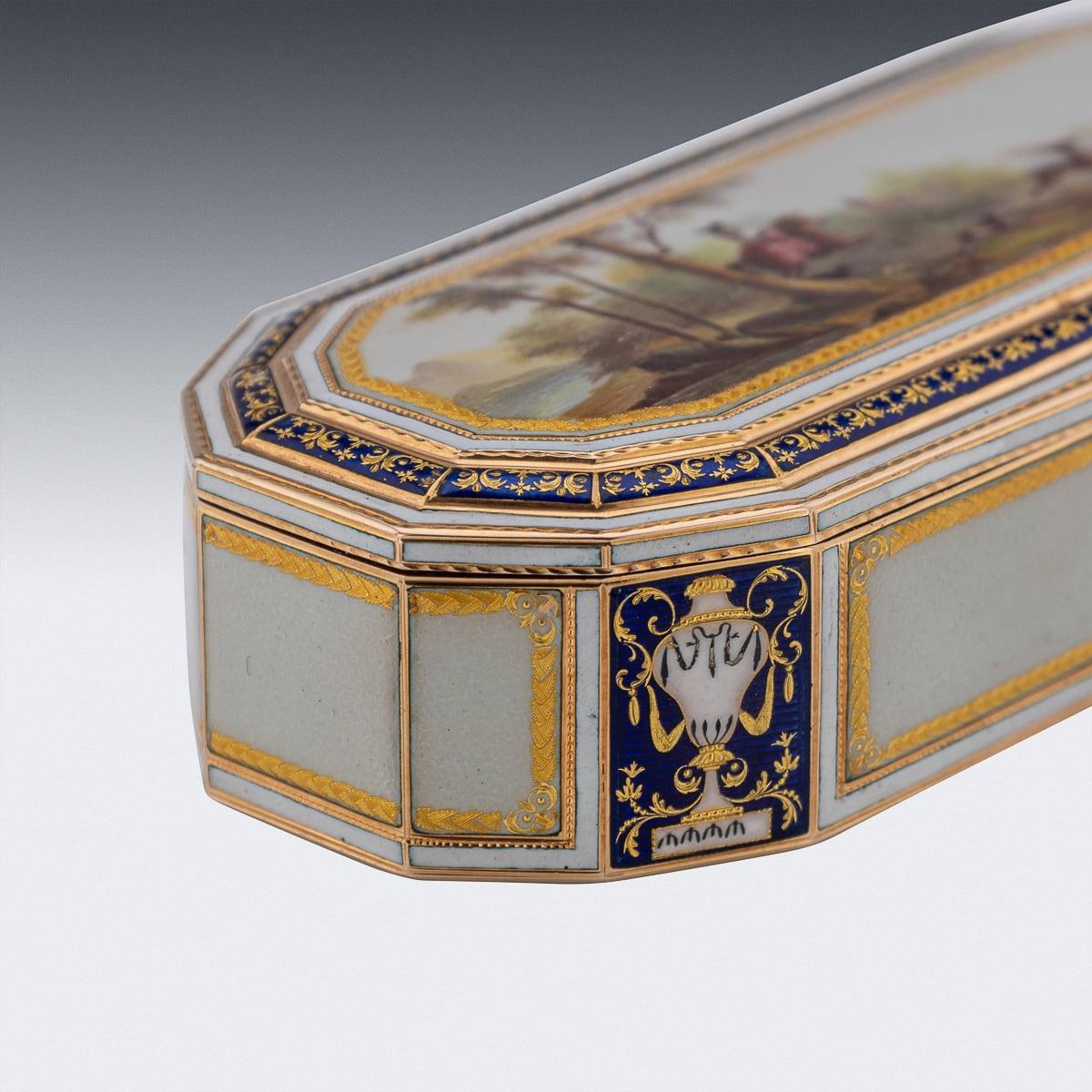 Or Tabatière allemande du XVIIIe siècle en or 18 carats et émail, Frères Jordan, Hanau c.1790 en vente