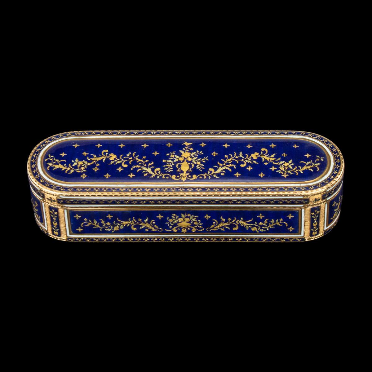 Antique late-18th century German 18k gold snuff box, of oblong form, the lid, sides, top and base applied with translucent royal blue enamel panels over a wavy engine-turned ground, elegantly painted in gold with paillon sprays of flowers within