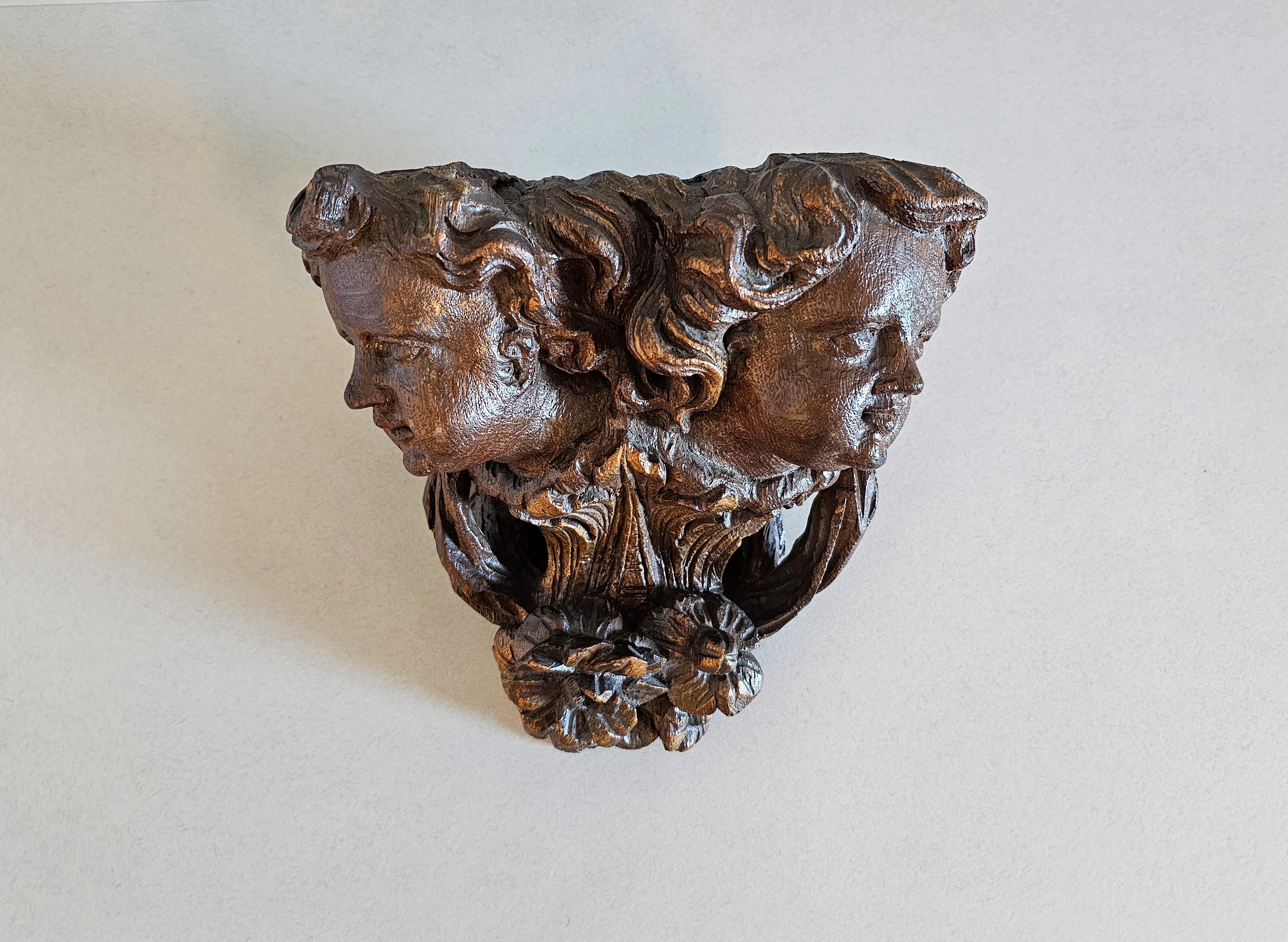 18th Century German Baroque Architectural Putti Bust Wall Shelf Carving For Sale 1