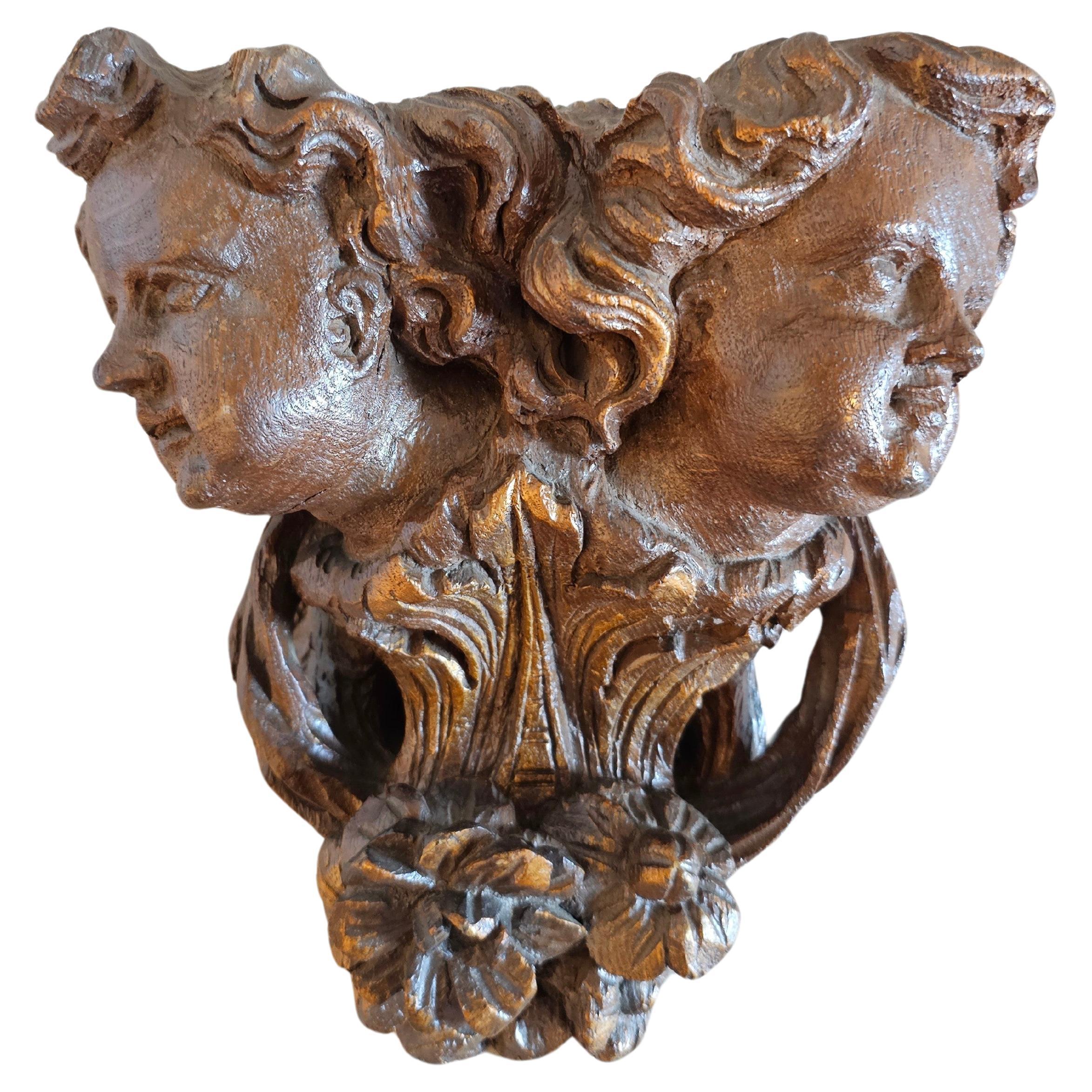 18th Century German Baroque Architectural Putti Bust Wall Shelf Carving For Sale