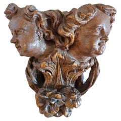 Antique 18th Century German Baroque Architectural Putti Bust Wall Shelf Carving