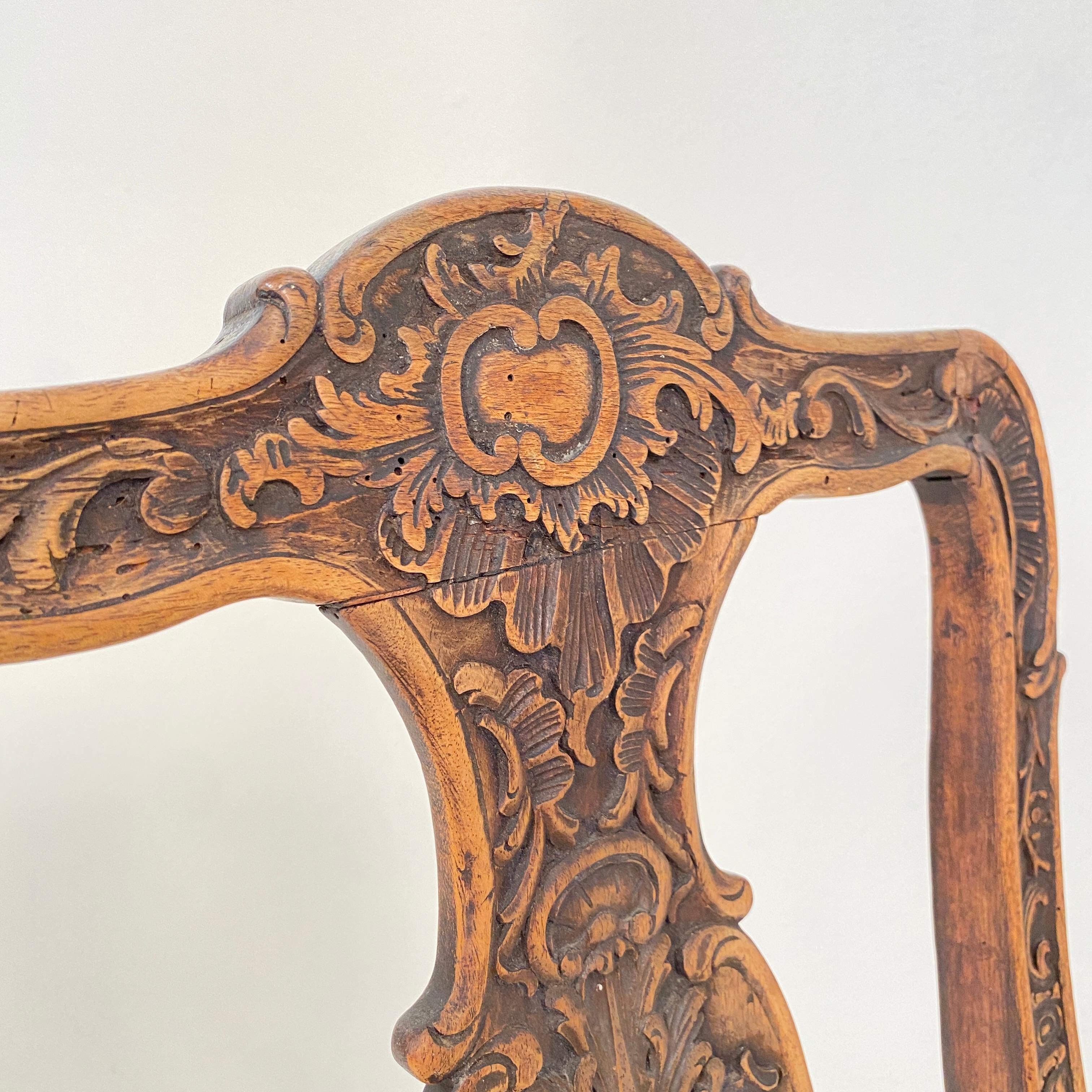 Hand-Carved 18th Century German Baroque Chair in Carved Walnut, circa 1740 For Sale