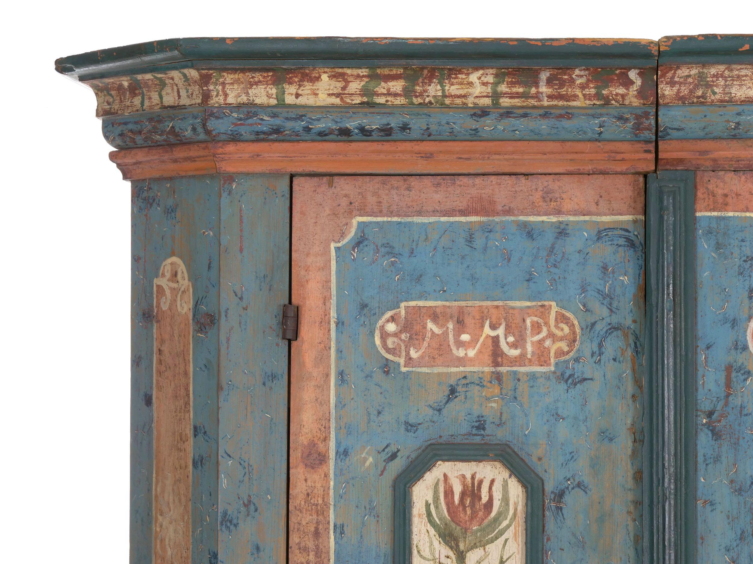 18th Century and Earlier 18th Century German Bavarian Blue Painted Antique “Kas” Armoire Cabinet