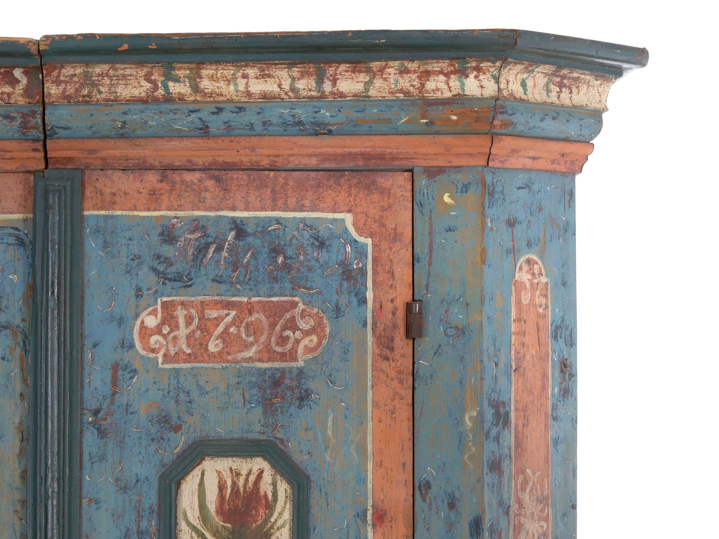 Steel 18th Century German Bavarian Blue Painted Antique “Kas” Armoire Cabinet