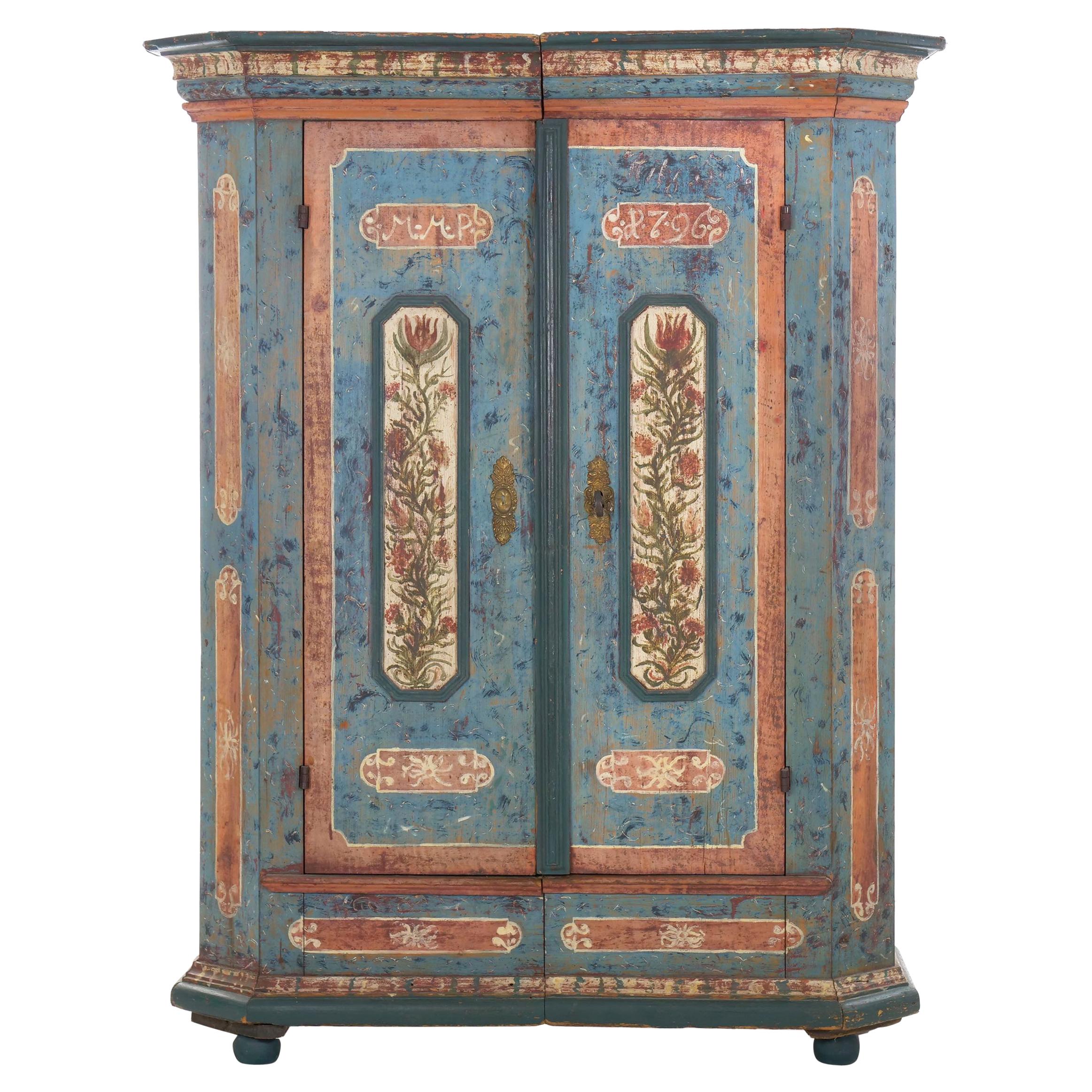 18th Century German Bavarian Blue Painted Antique “Kas” Armoire Cabinet