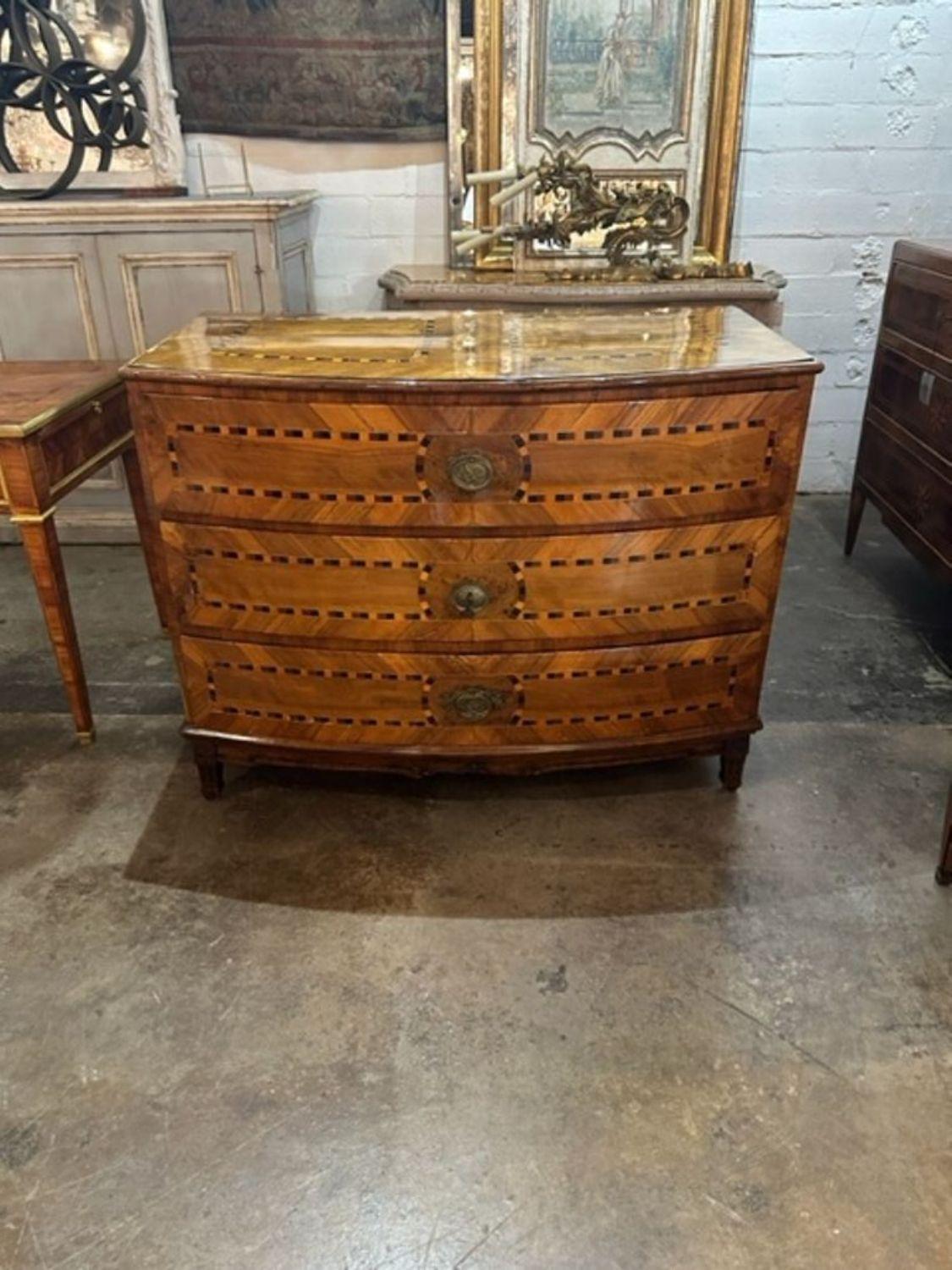 Exceptional 18th century German Biedermeier walnut bow front commode. Very fine finish and beautiful inlaid pattern. Superb!!