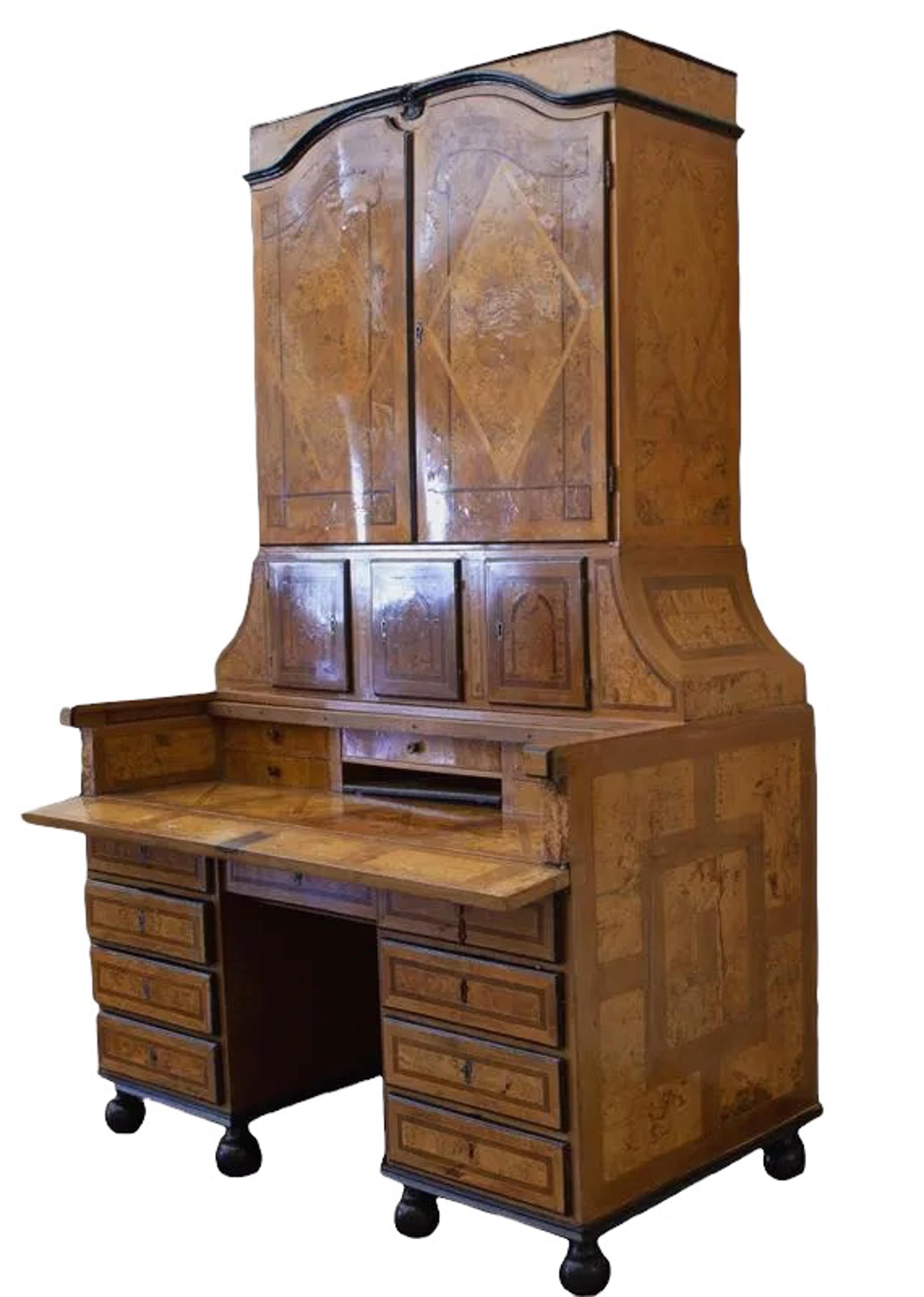 Hand-Carved 18th Century German Burr Elm and Walnut Secretary, with Ebonized Trim and Inlaid For Sale