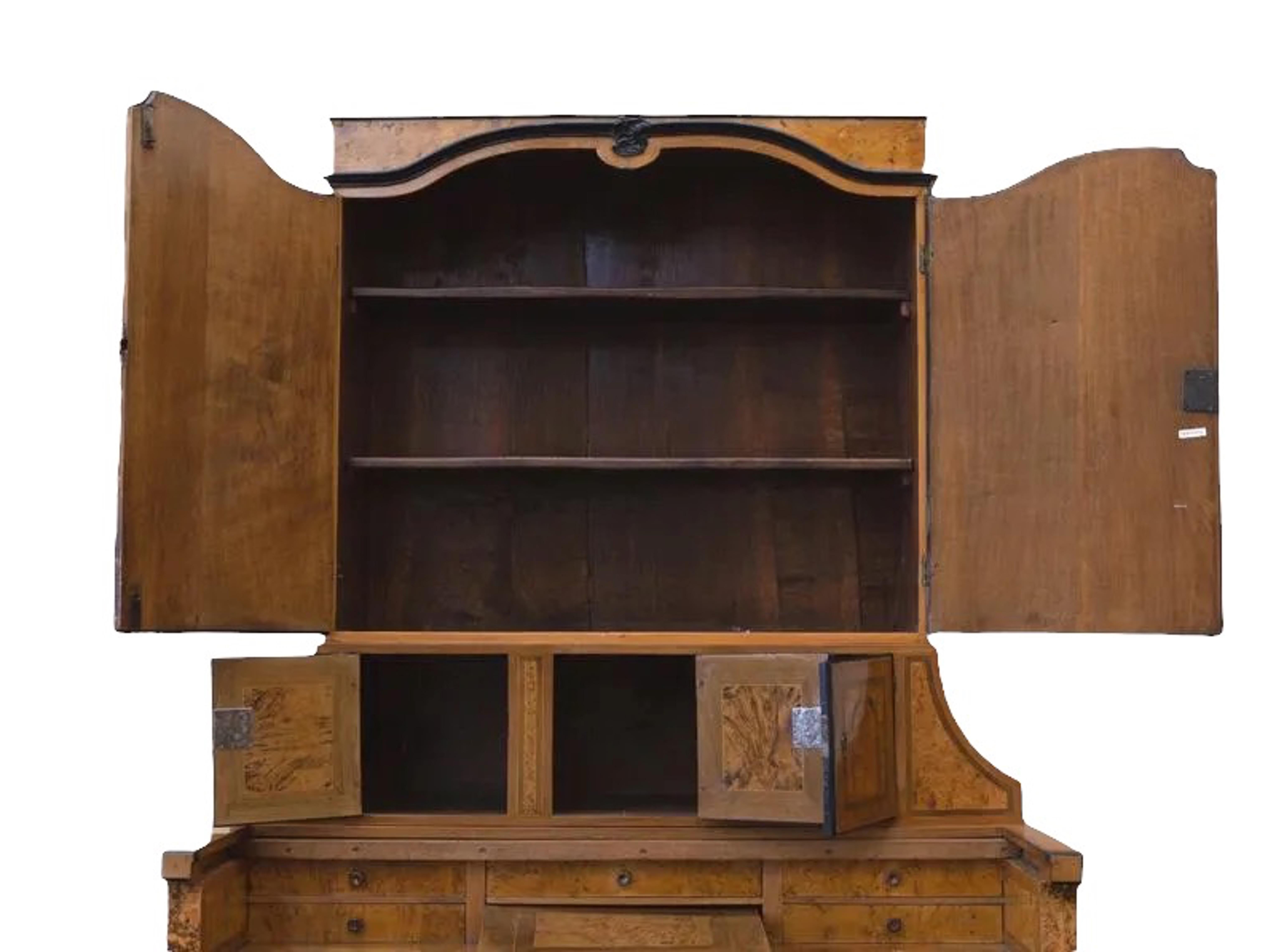 18th Century German Burr Elm and Walnut Secretary, with Ebonized Trim and Inlaid In Distressed Condition For Sale In North Miami, FL