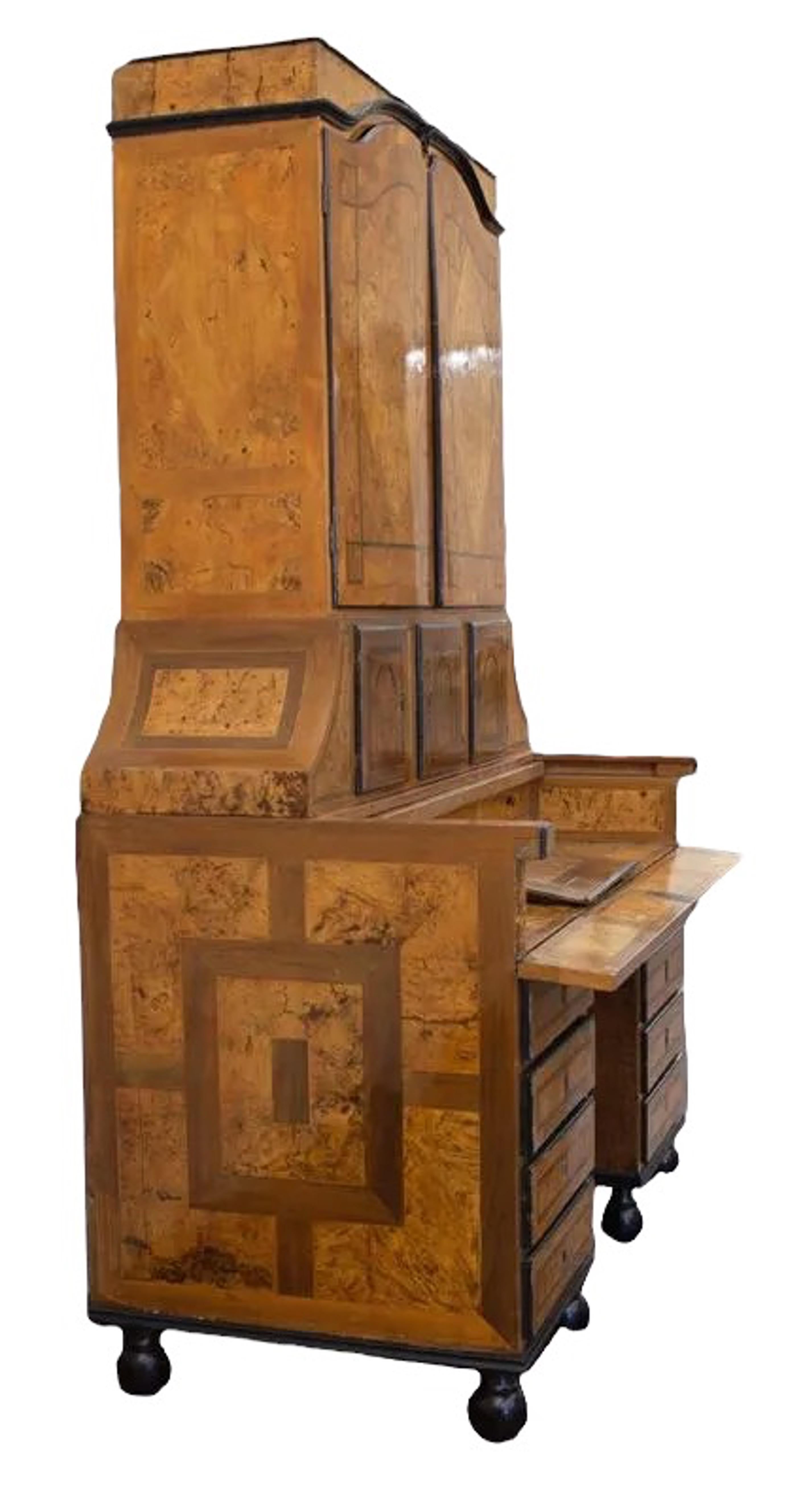 18th Century and Earlier 18th Century German Burr Elm and Walnut Secretary, with Ebonized Trim and Inlaid