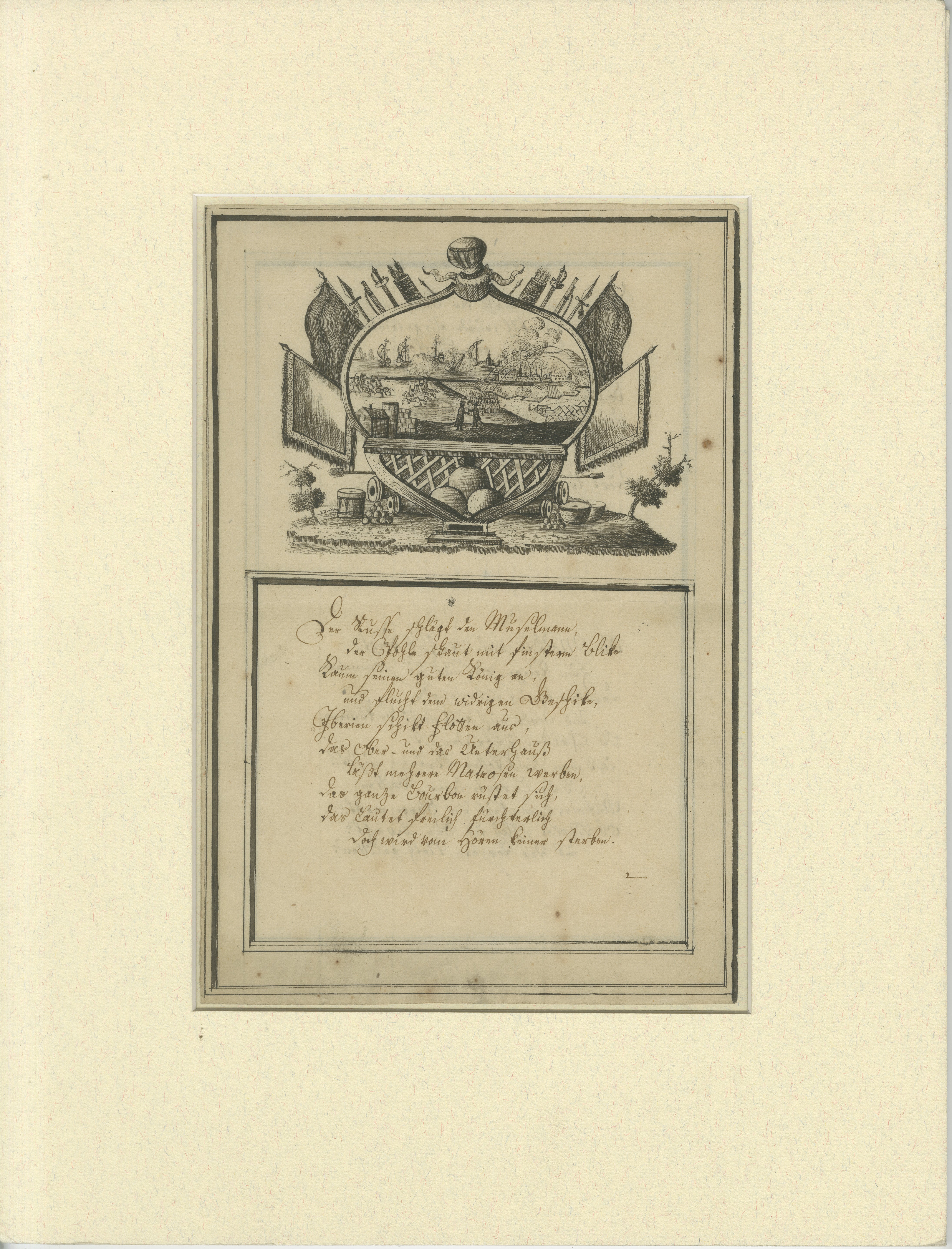 Raro e intrigante grabado alemán del siglo XVIII que combina una escena alegórica de la guerra naval finamente detallada con una poética reflexión manuscrita sobre la vida militar, la ambición y la virtud personal. Creada probablemente a principios