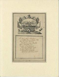 18th-Century German Engraving – Allegory of War, Poem & Naval View