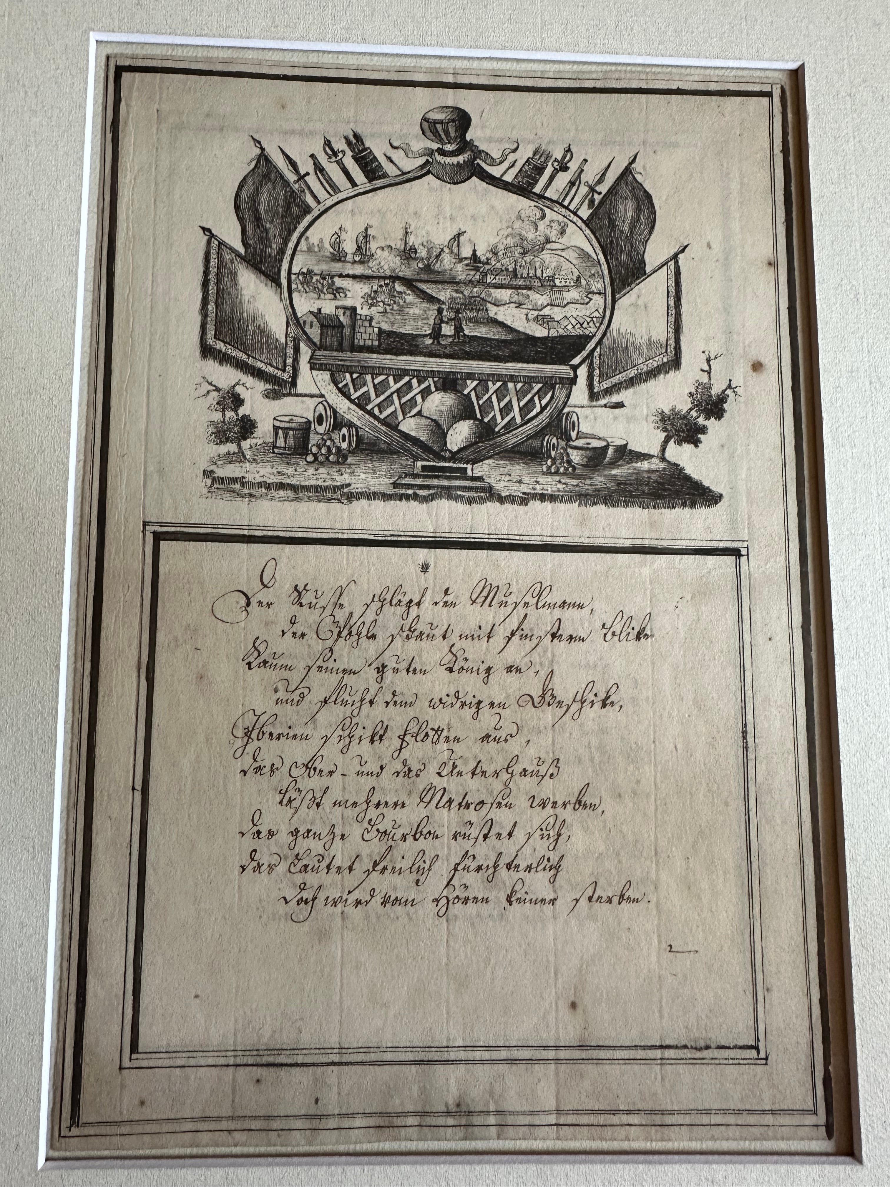 Grabado alemán del siglo XVIII - Alegoría de la guerra, poema y vista naval Alemán en venta