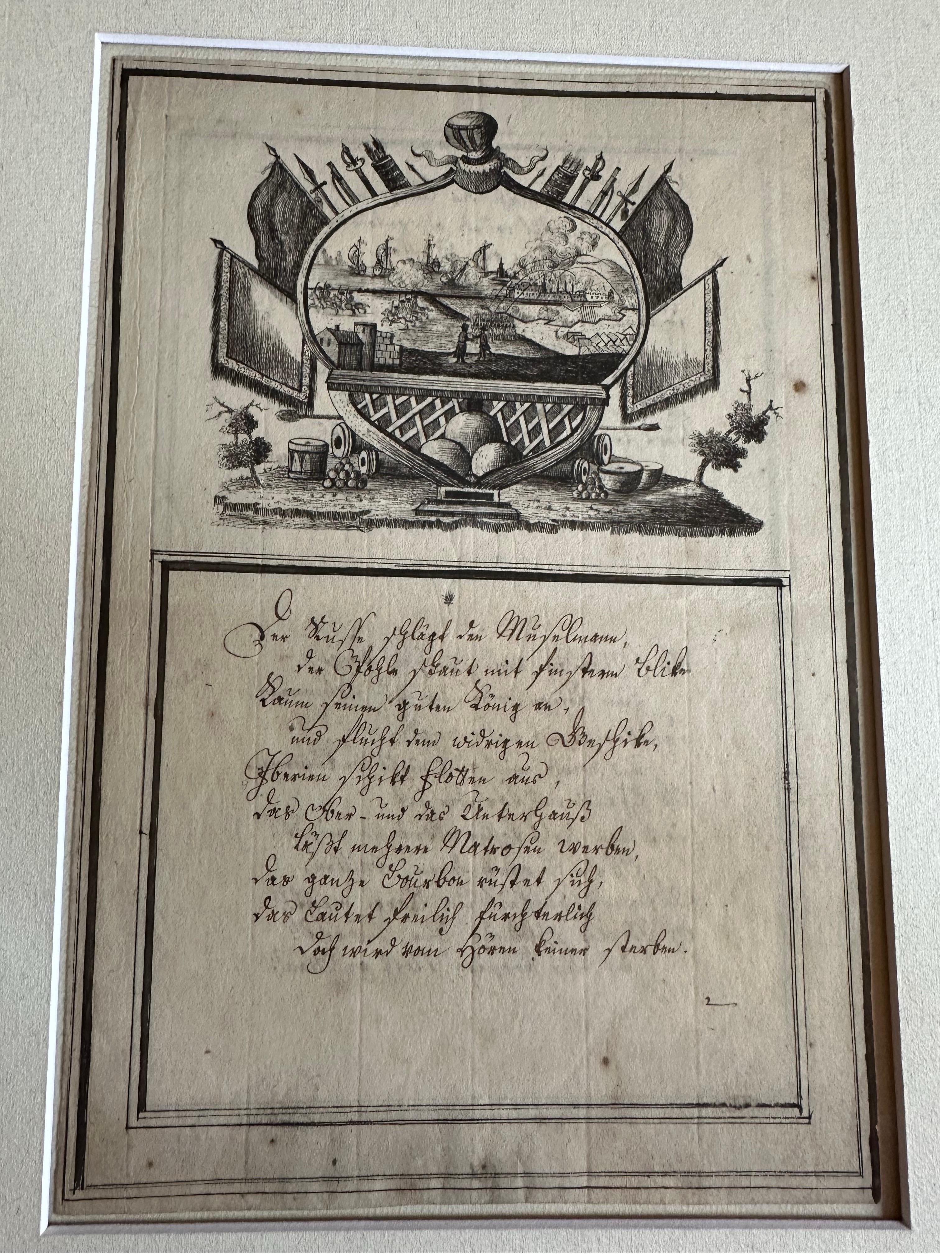 Grabado alemán del siglo XVIII - Alegoría de la guerra, poema y vista naval en Bueno estado para la venta en Langweer, NL