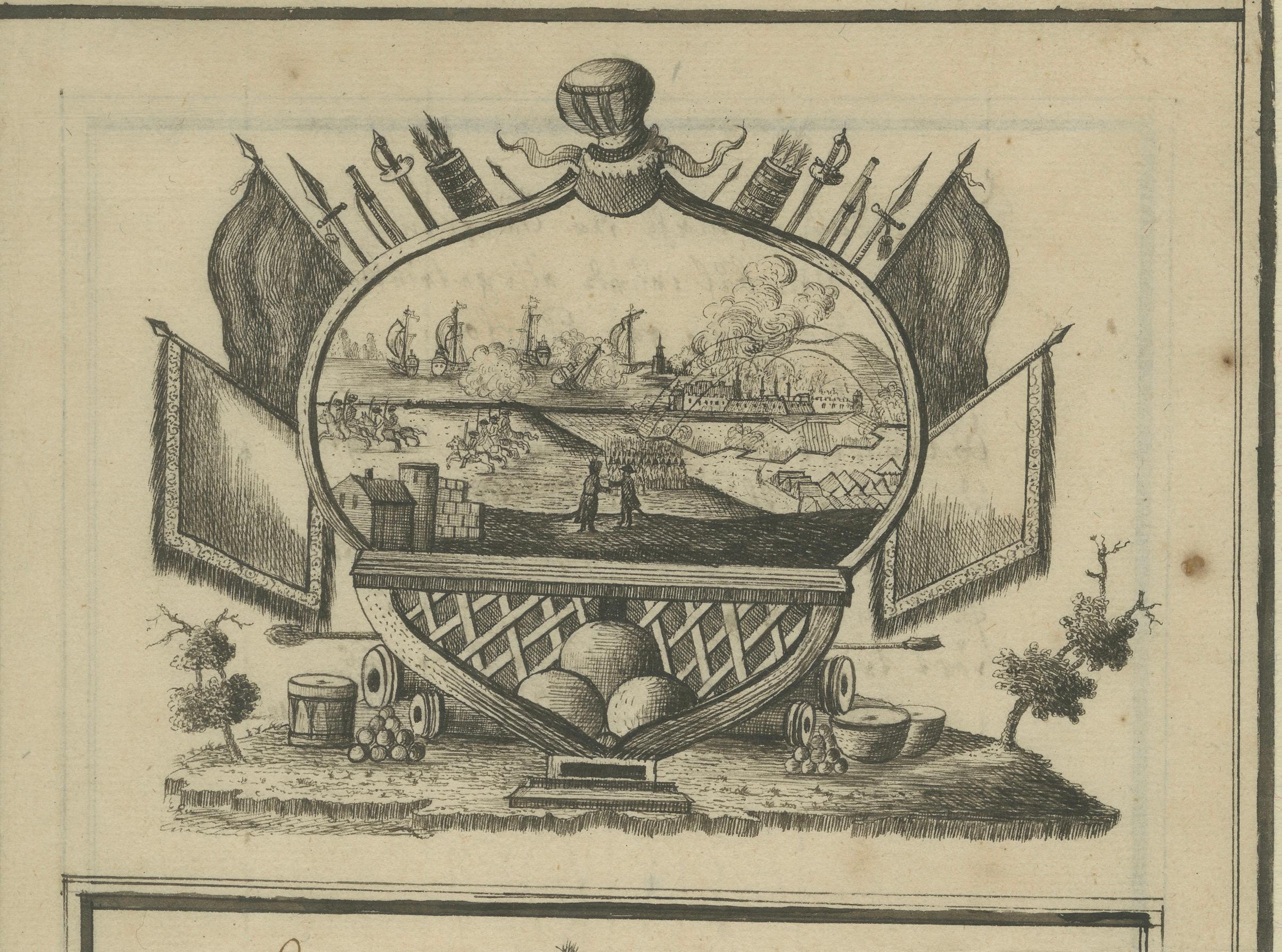 Grabado alemán del siglo XVIII - Alegoría de la guerra, poema y vista naval en venta 2