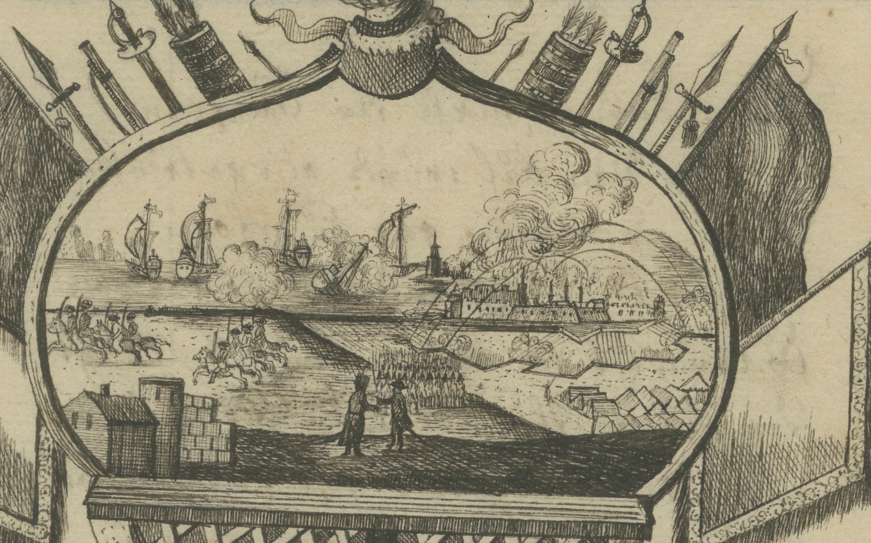 Grabado alemán del siglo XVIII - Alegoría de la guerra, poema y vista naval en venta 3