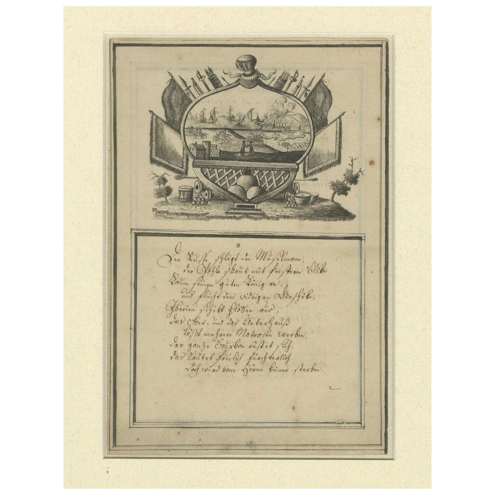 Grabado alemán del siglo XVIII - Alegoría de la guerra, poema y vista naval en venta