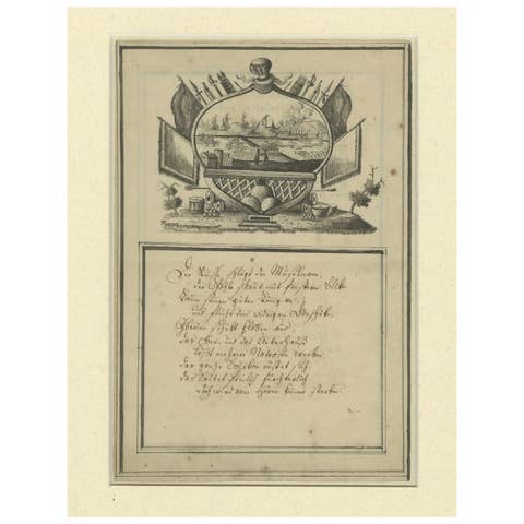 18th-Century German Engraving – Allegory of War, Poem & Naval View