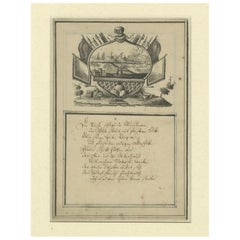 Gravure allemande du XVIIIe siècle - Allégorie de la guerre, poème et vue navale