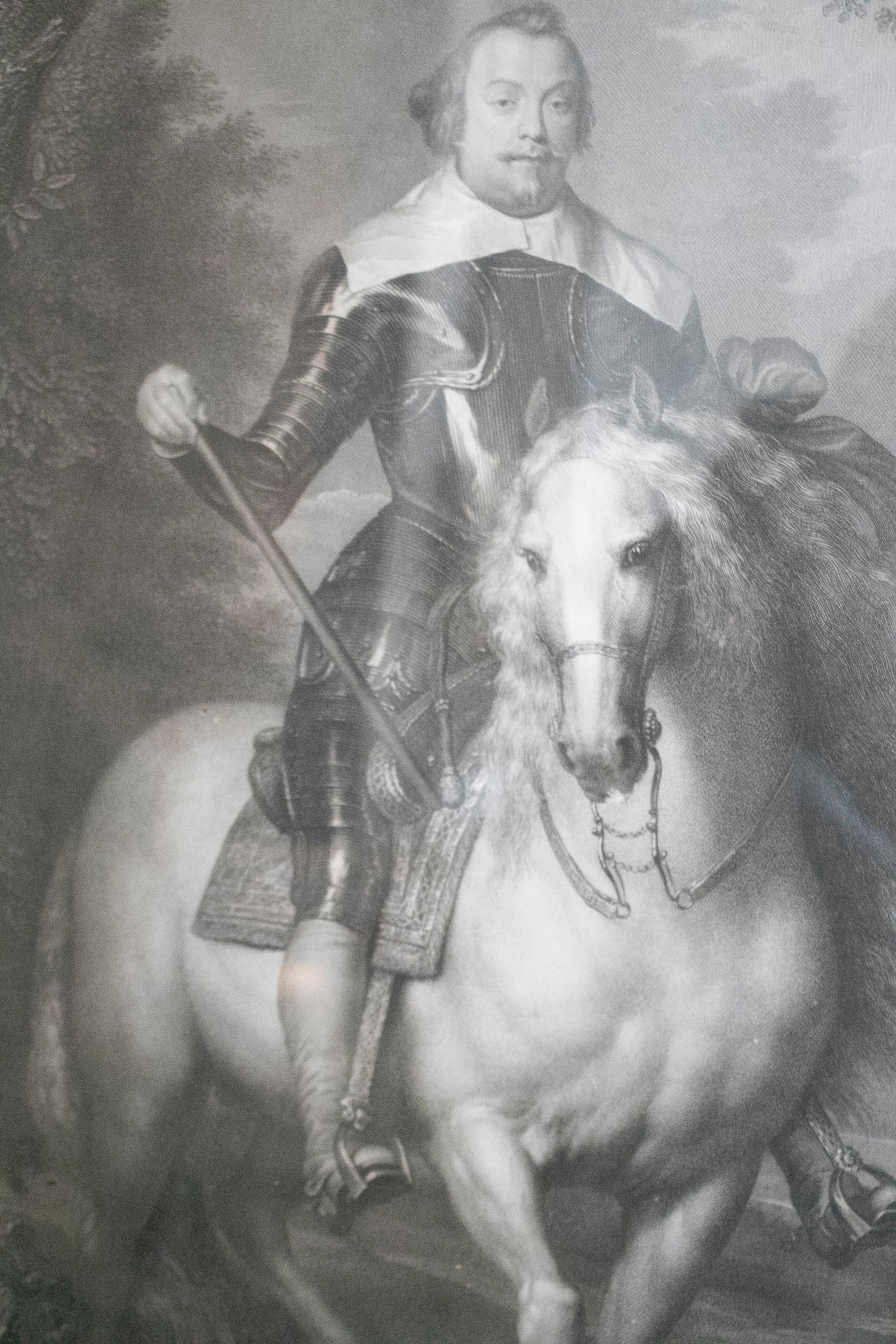 18th Century German Francisco de Moncada Engraved Portrait w/ Full Armor & Horse For Sale 8
