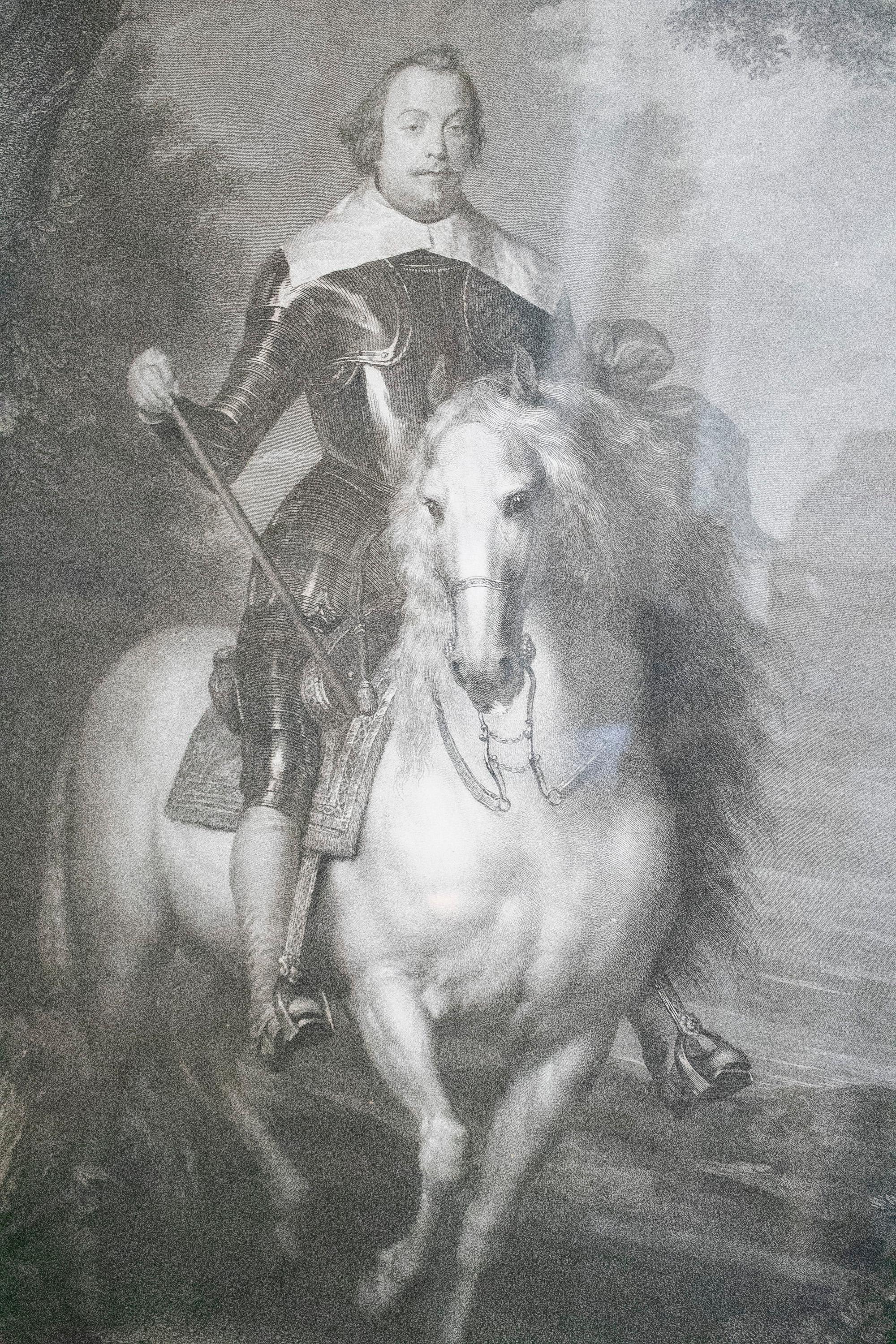 Antique mid 18th century German engraved portrait of Spanish ambassador Francisco de Moncada, with full armor and horse

Measures with frame: 71 * 52 * 1.5 cm.
 